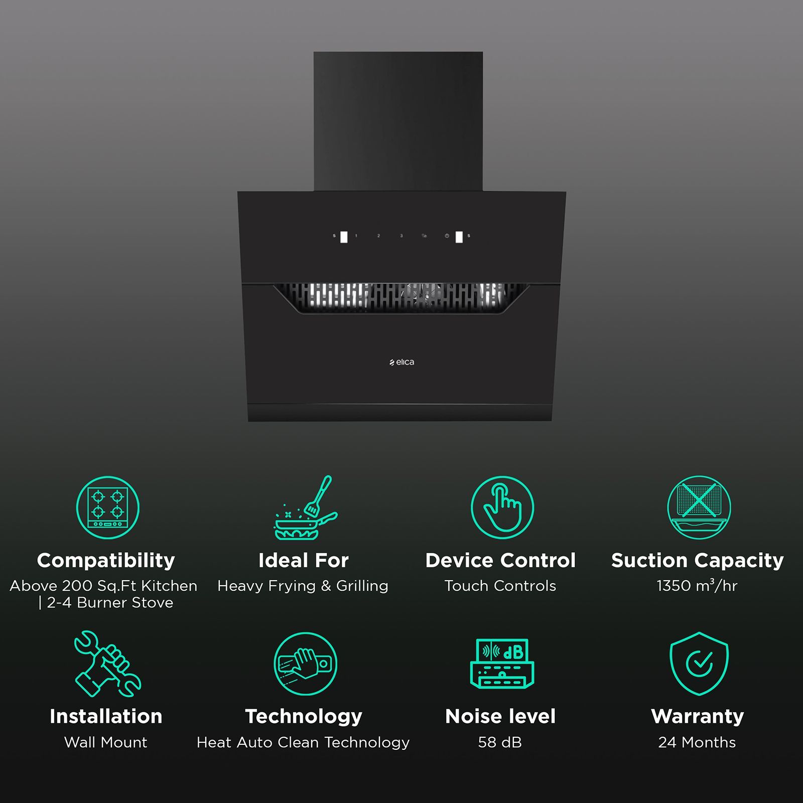 elica EFL 207 HAC LTW VMS 60 60cm 1350m3/hr Ductless Auto Clean Wall Mounted Chimney with Motion Sensor Control (Black)_3