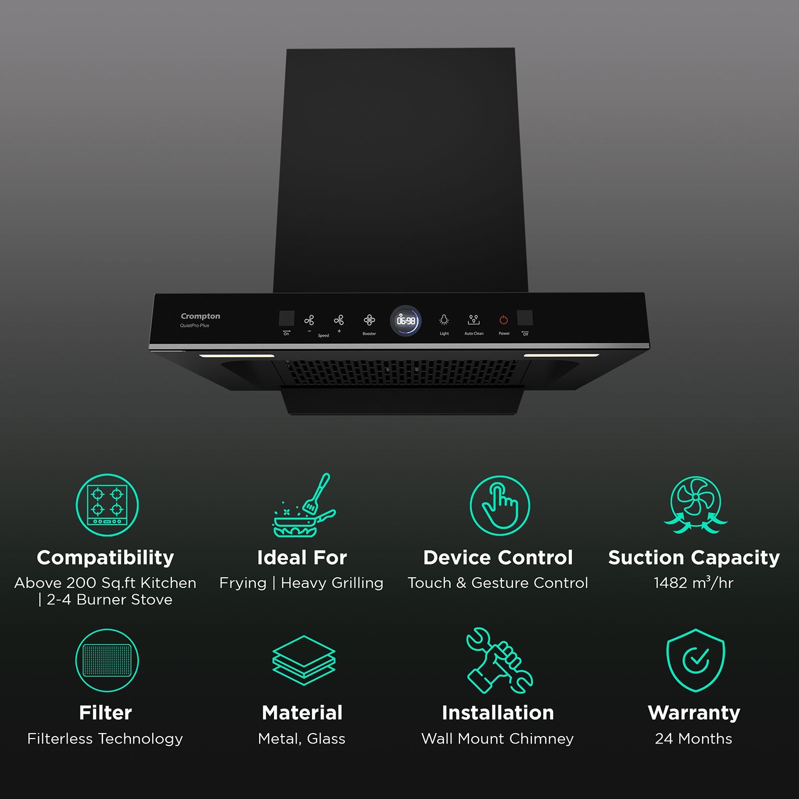 Crompton QuietPro Plus 60cm 1482m³/hr Ducted Auto Clean Wall Mounted Chimney with Gesture Control (Midnight Black)_3