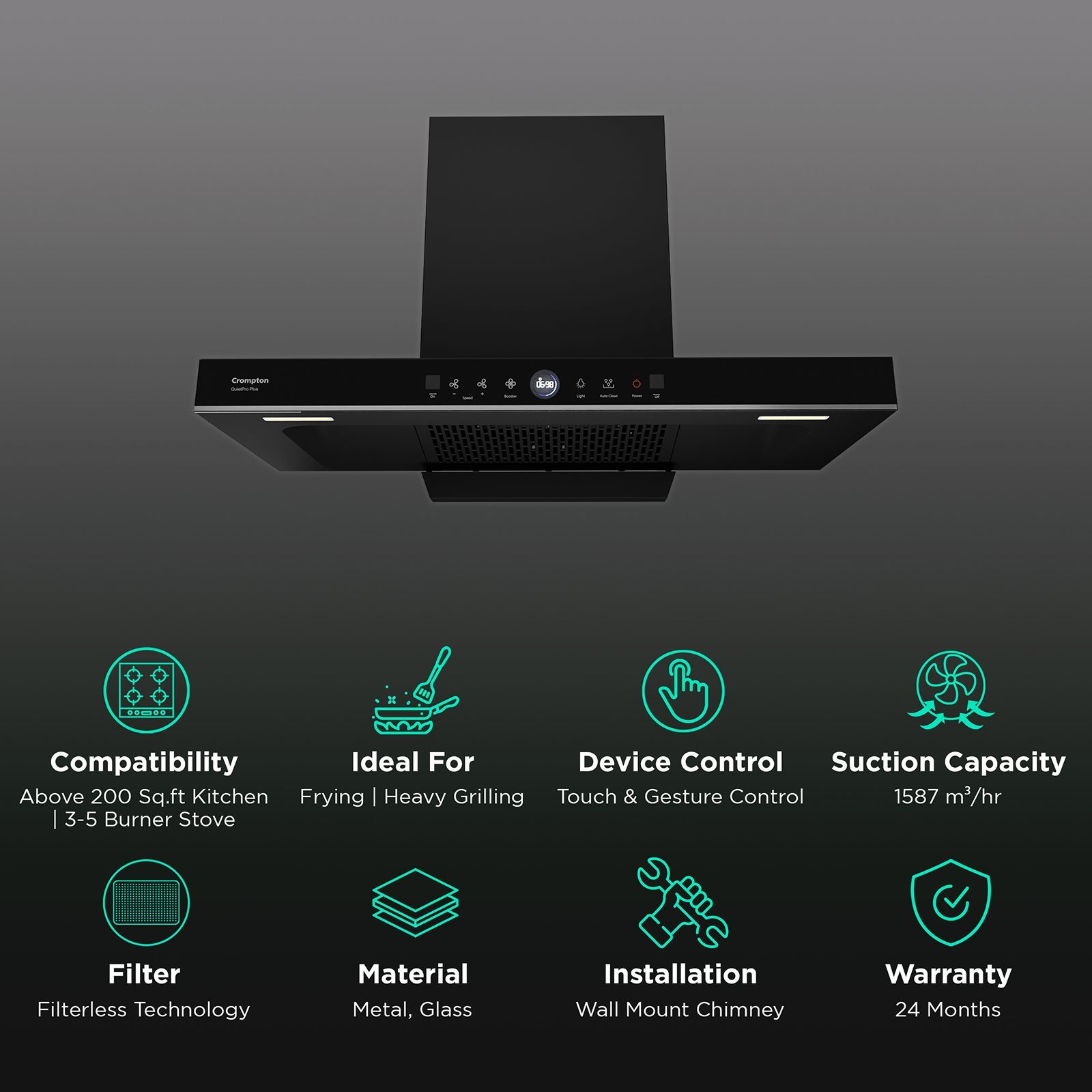 Crompton QuietPro Plus 90cm 1587m³/hr Ducted Auto Clean Wall Mounted Chimney with Gesture Control (Midnight Black)_3