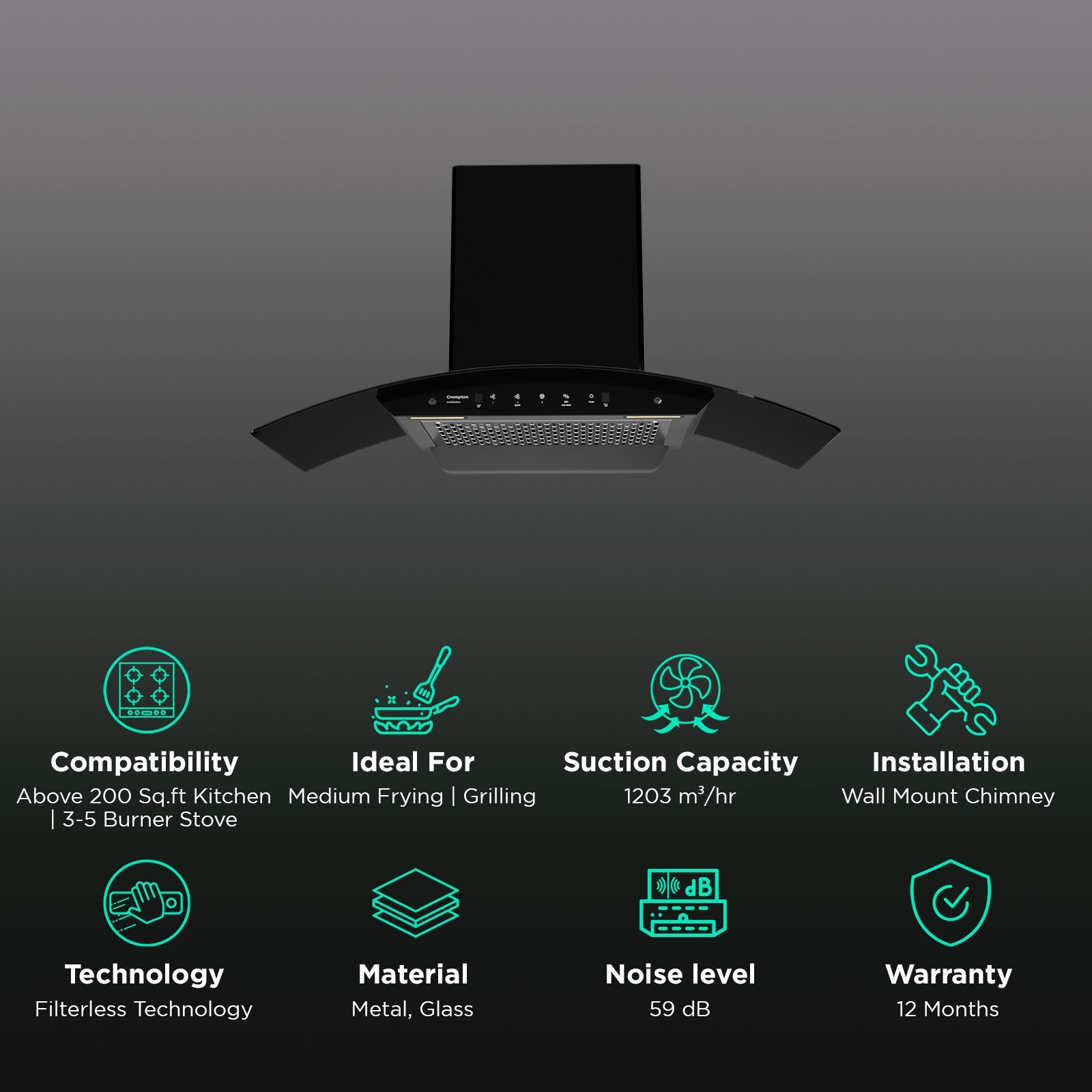 Crompton IntelliMotion 90cm 1203m³/hr Ducted Wall Mounted Chimney with Filterless Technology (Black)_3