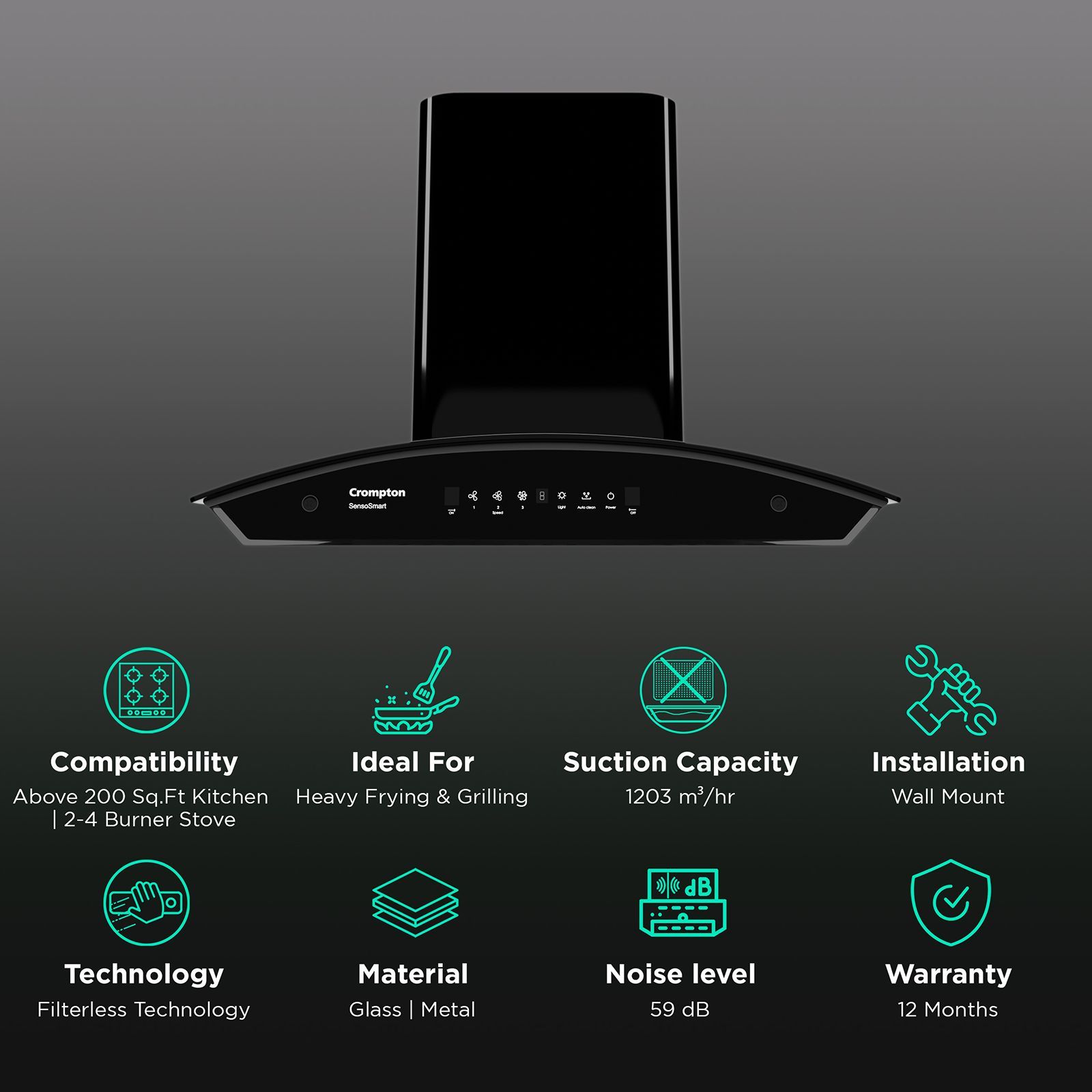 Crompton SensoSmart 60cm 1416m³/hr Ducted Auto Clean Wall Mounted Chimney with Gesture Control (Midnight Black)_3