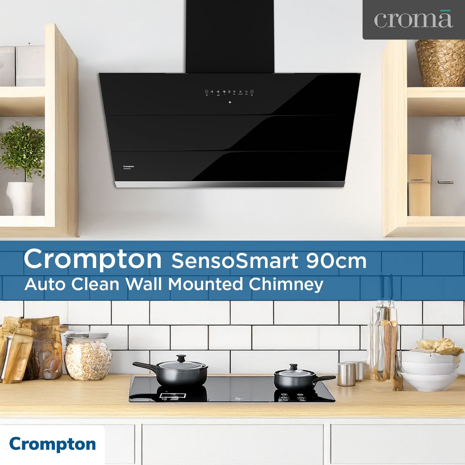 Crompton SensoSmart 90cm 1626m³/hr Ducted Auto Clean Wall Mounted Chimney with Gesture Control (Black)_6