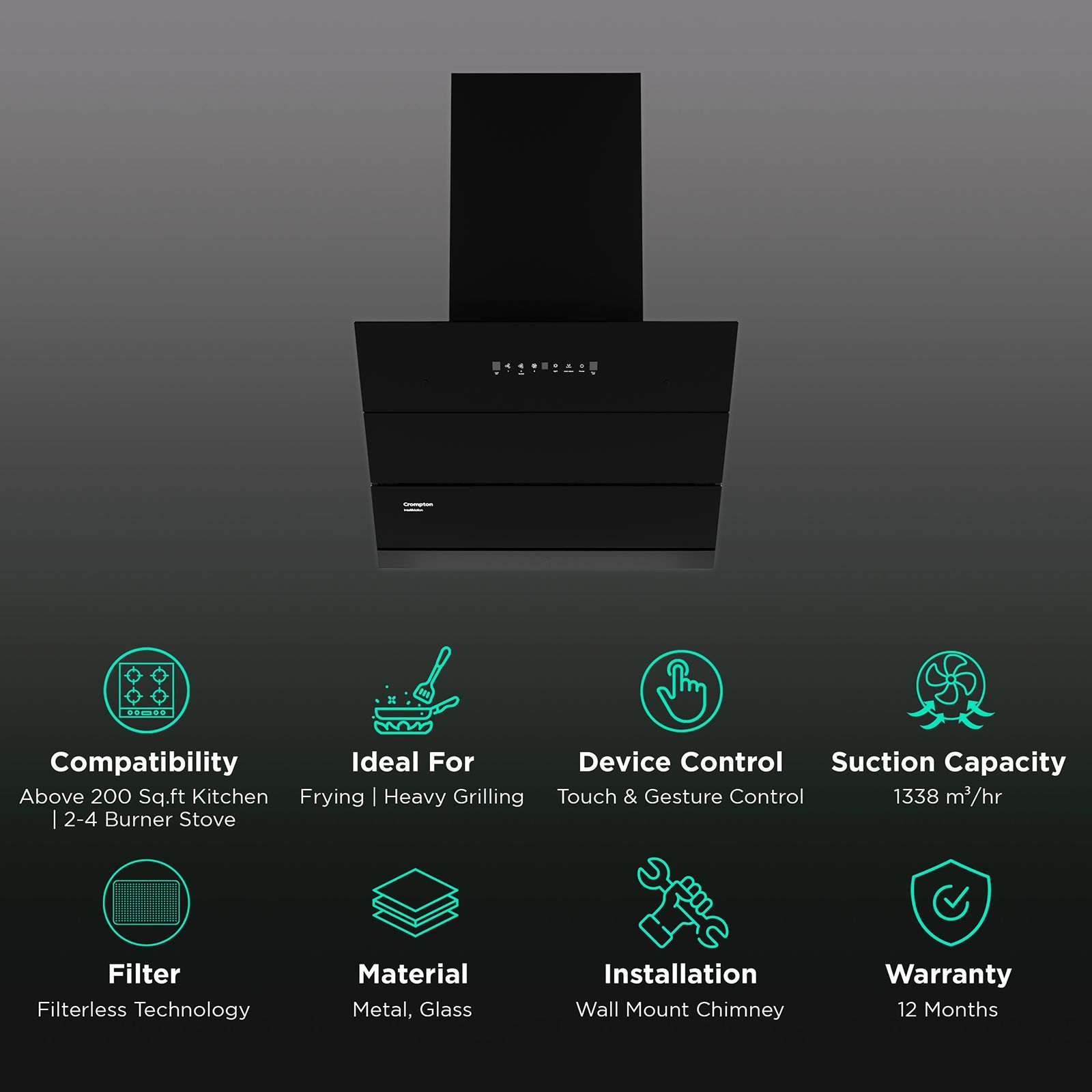 Crompton IntelliMotion 60cm 1338m³/hr Ducted Auto Clean Wall Mounted Chimney with Gesture Control (Black) Crompton IntelliMotion 60cm 1338m³/hr Ducted Auto Clean Wall Mounted Chimney with Gesture Control (Black)_3