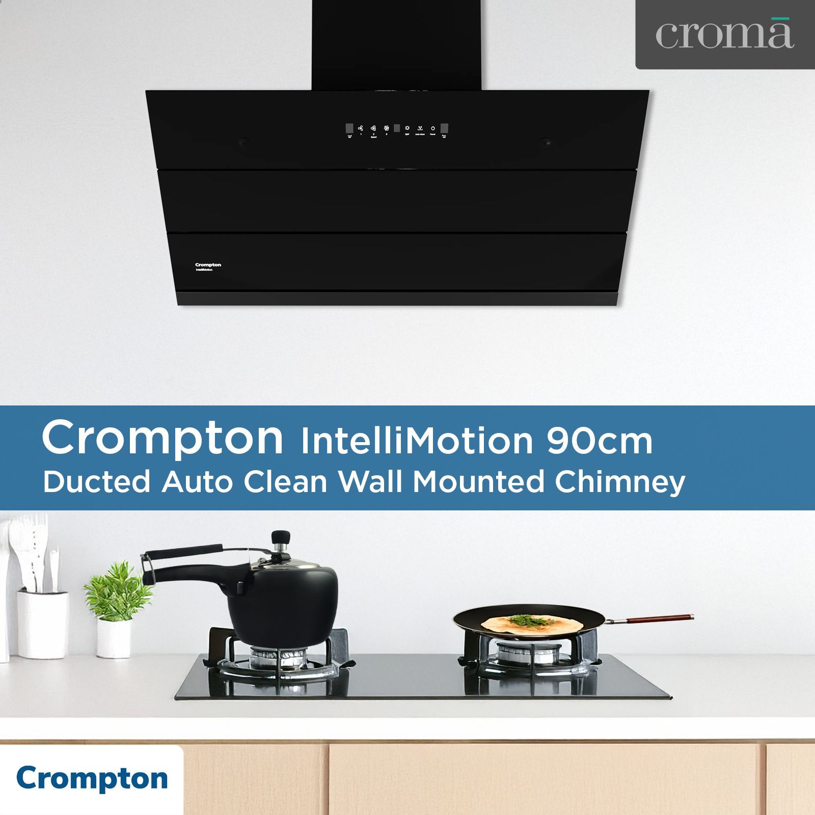 Crompton IntelliMotion 90cm 1587m³/hr Ducted Auto Clean Wall Mounted Chimney with Gesture Control (Black)_10