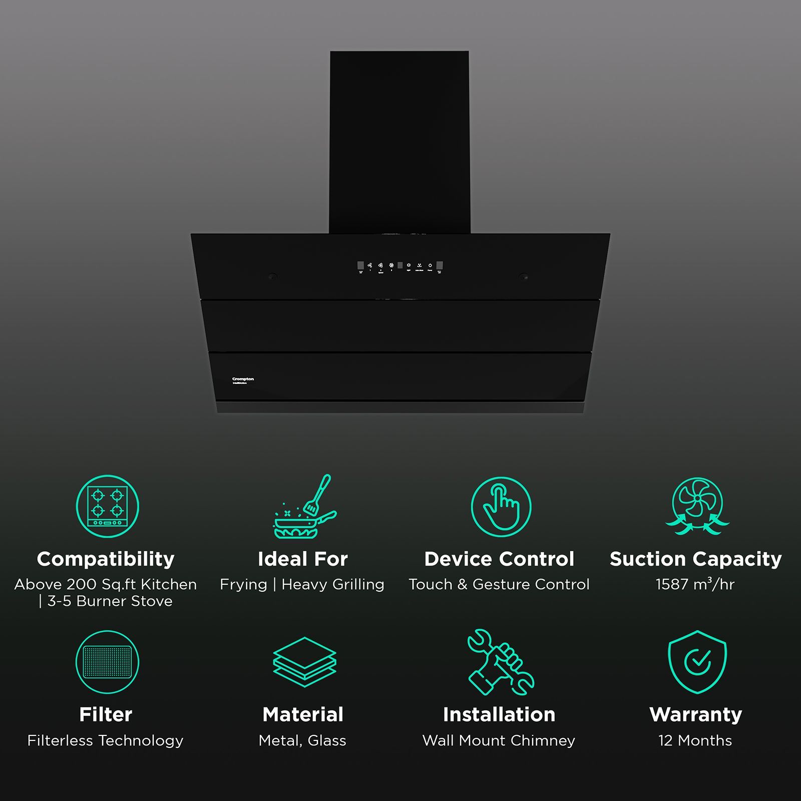 Crompton IntelliMotion 90cm 1587m³/hr Ducted Auto Clean Wall Mounted Chimney with Gesture Control (Black)_3