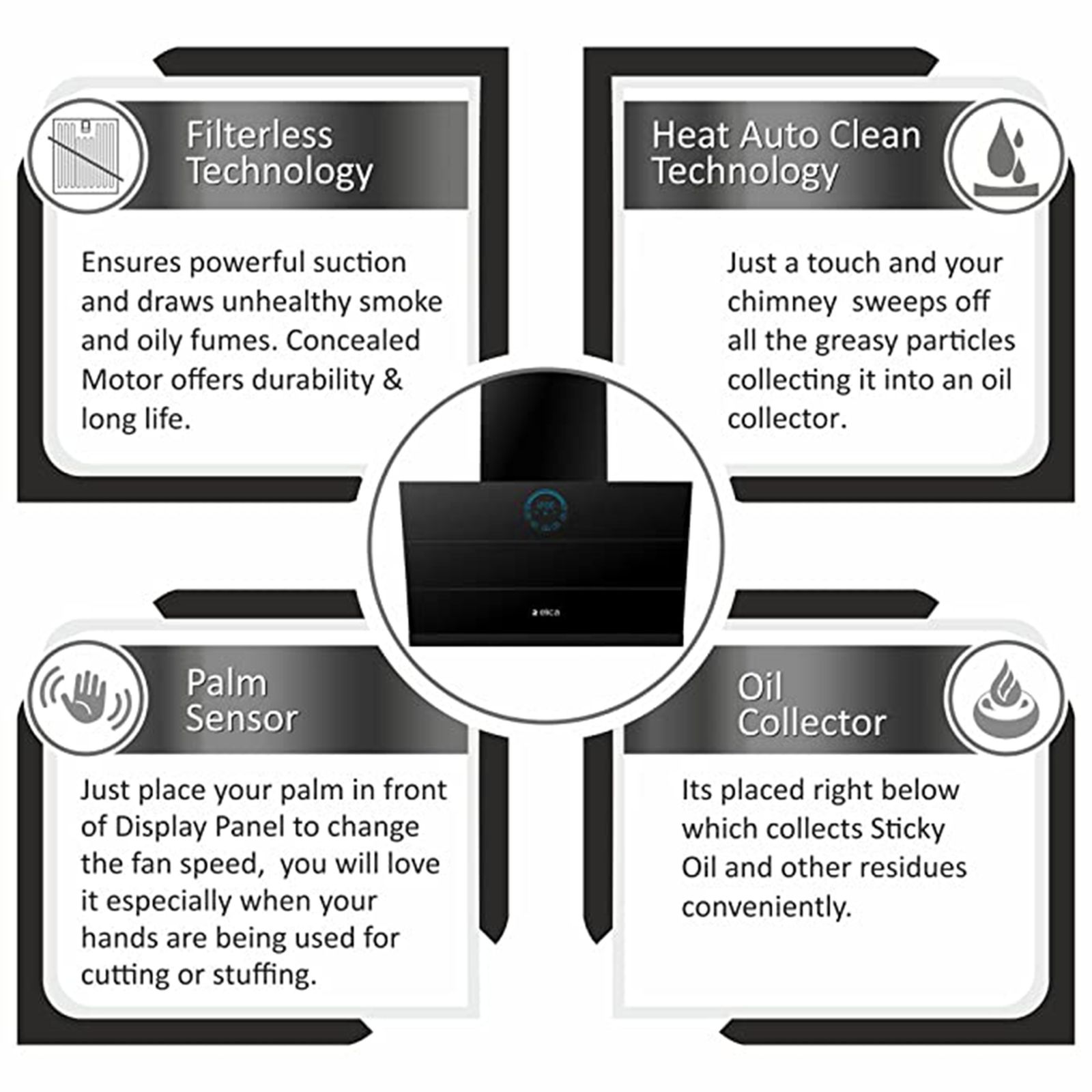elica EFL S 108 HAC LTW VMS 60 60cm 1350m³/hr Ducted Auto Clean Wall Mounted Chimney with Palm Sensor (Matte Black)_5