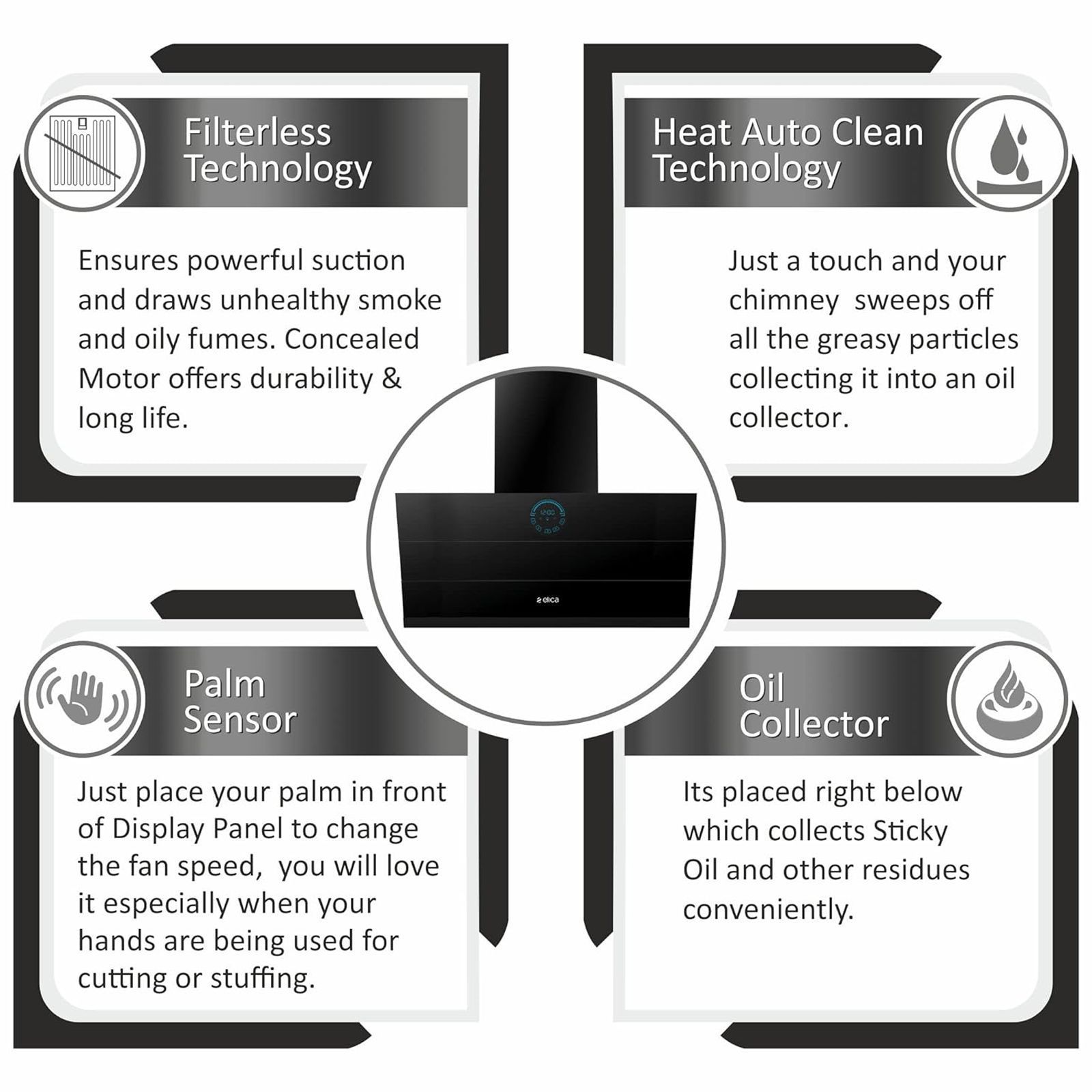 elica EFL 108 HAC LTW VMS 90cm 1350m3/hr Ducted Auto Clean Wall Mounted Chimney with Palm Sensor Control (Black)_6