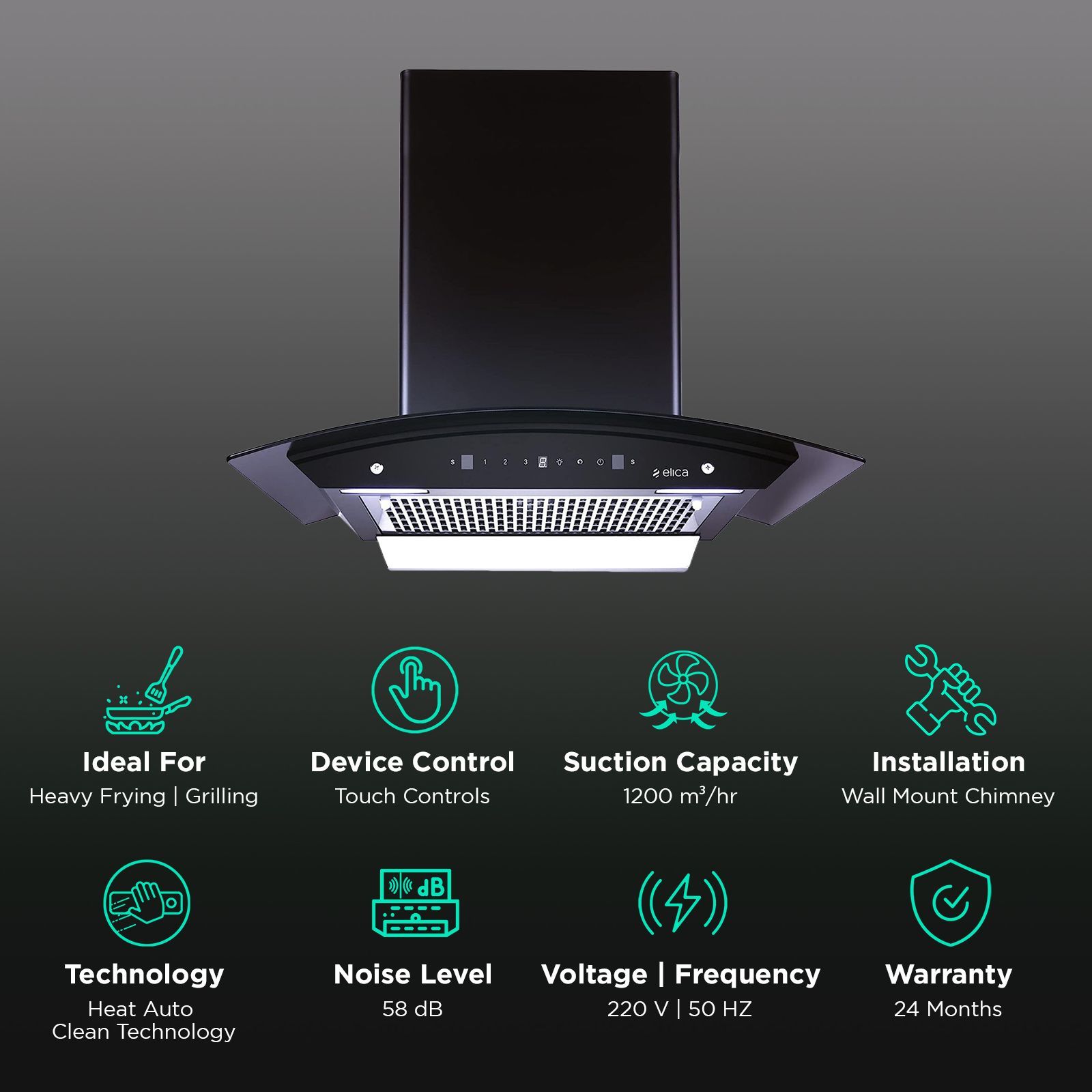 elica WDFL 606 HAC LTW MS NERO 60cm 1200m3/hr Ducted Auto Clean Wall Mounted Chimney with Motion Sensor Control (Black)_3