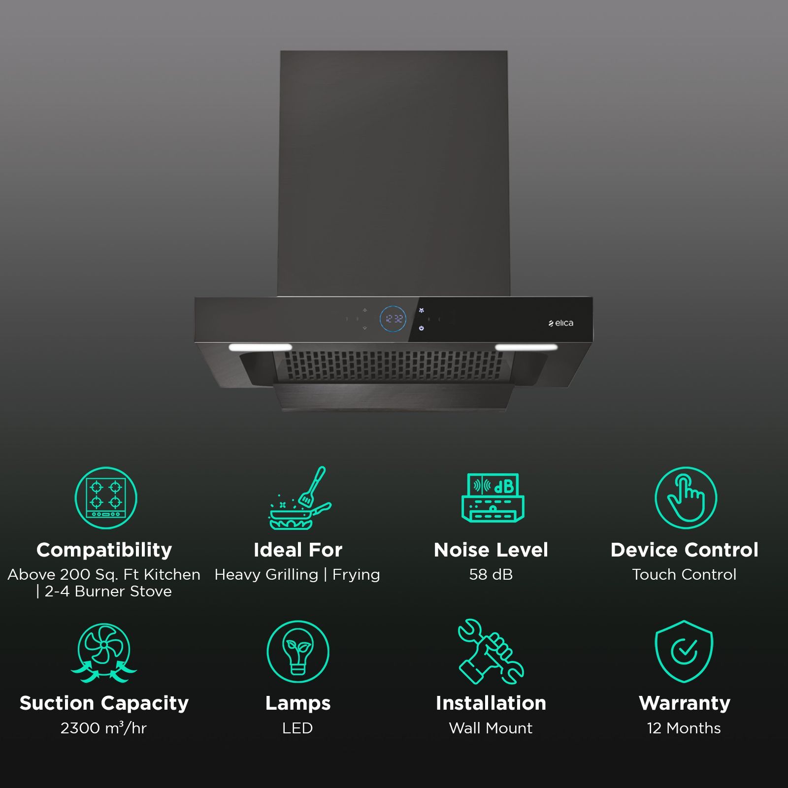 elica ISMART SPOT FL HAC 60 LTW NERO 60cm 2300m³/hr Ducted Auto Clean Wall Mounted Chimney with Motion Sensor Control (Black)_3