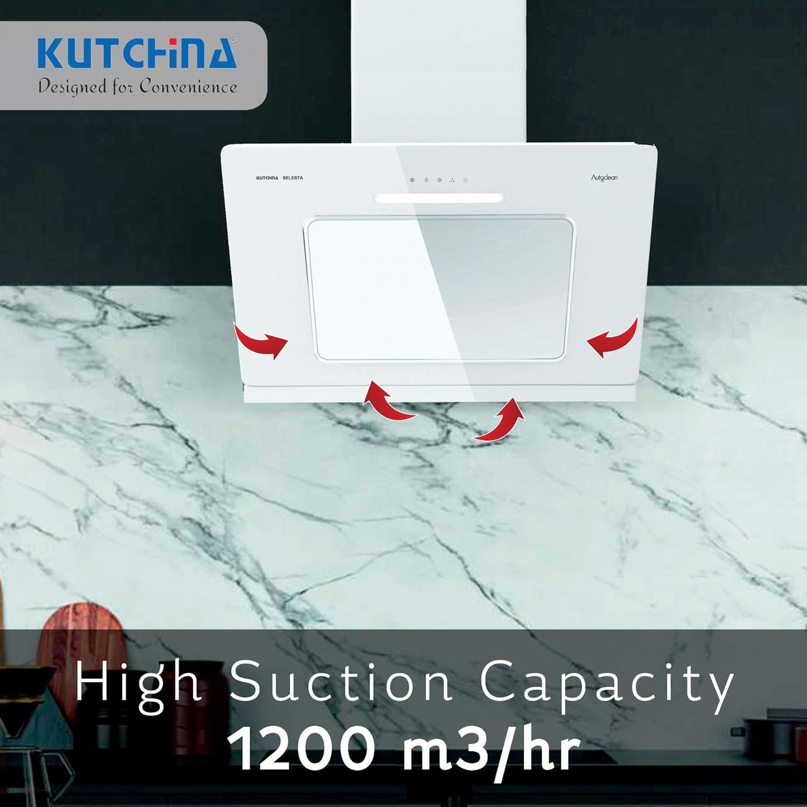 Kutchina Selesta 75cm 1200m3/hr Ducted Auto Clean Wall Mounted Chimney with Oil Suction Technology (Cream)_5