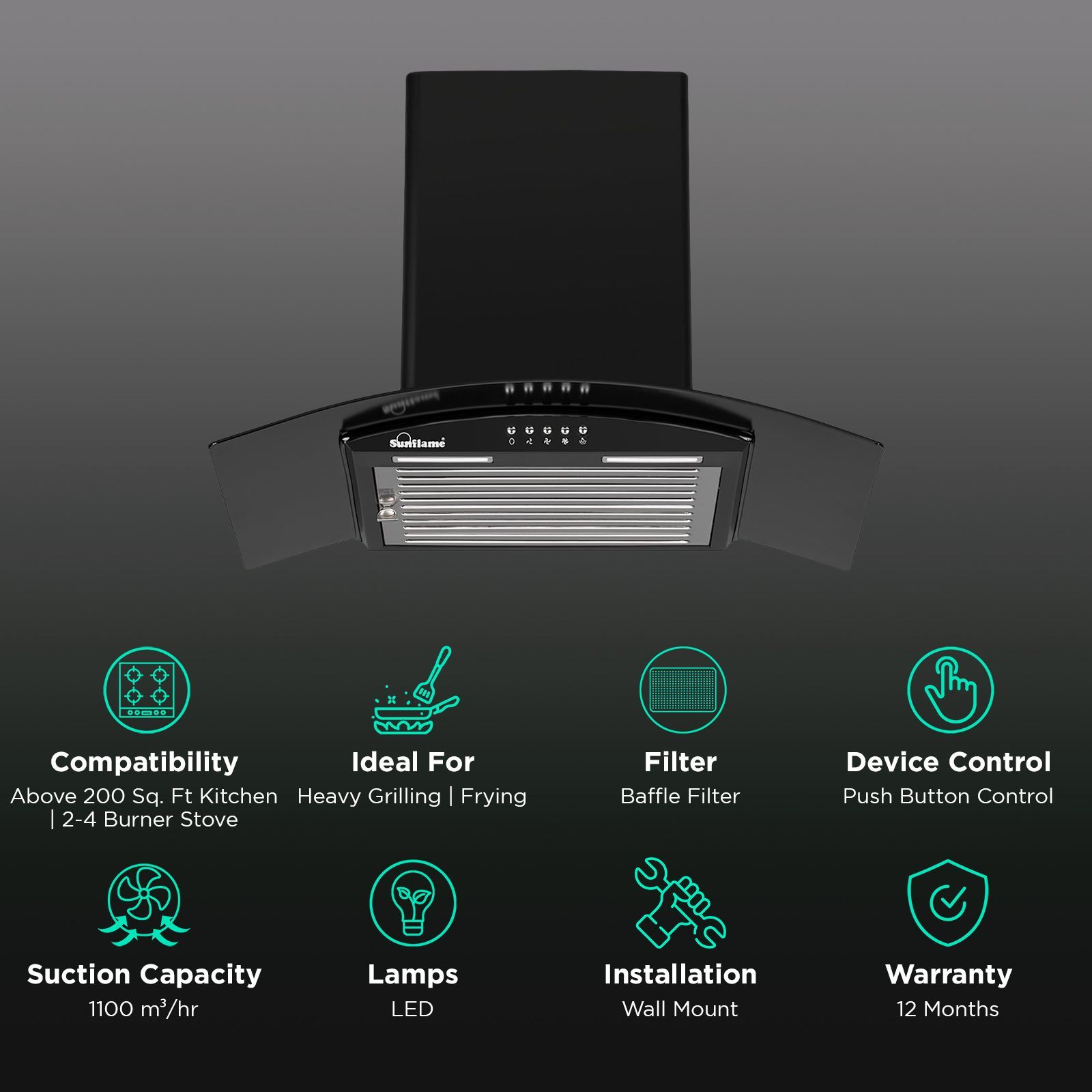 Sunflame BELLA 60 BK 60cm 1100m³/hr Ducted Wall Mounted Chimney with Baffle Filter (Black)_3