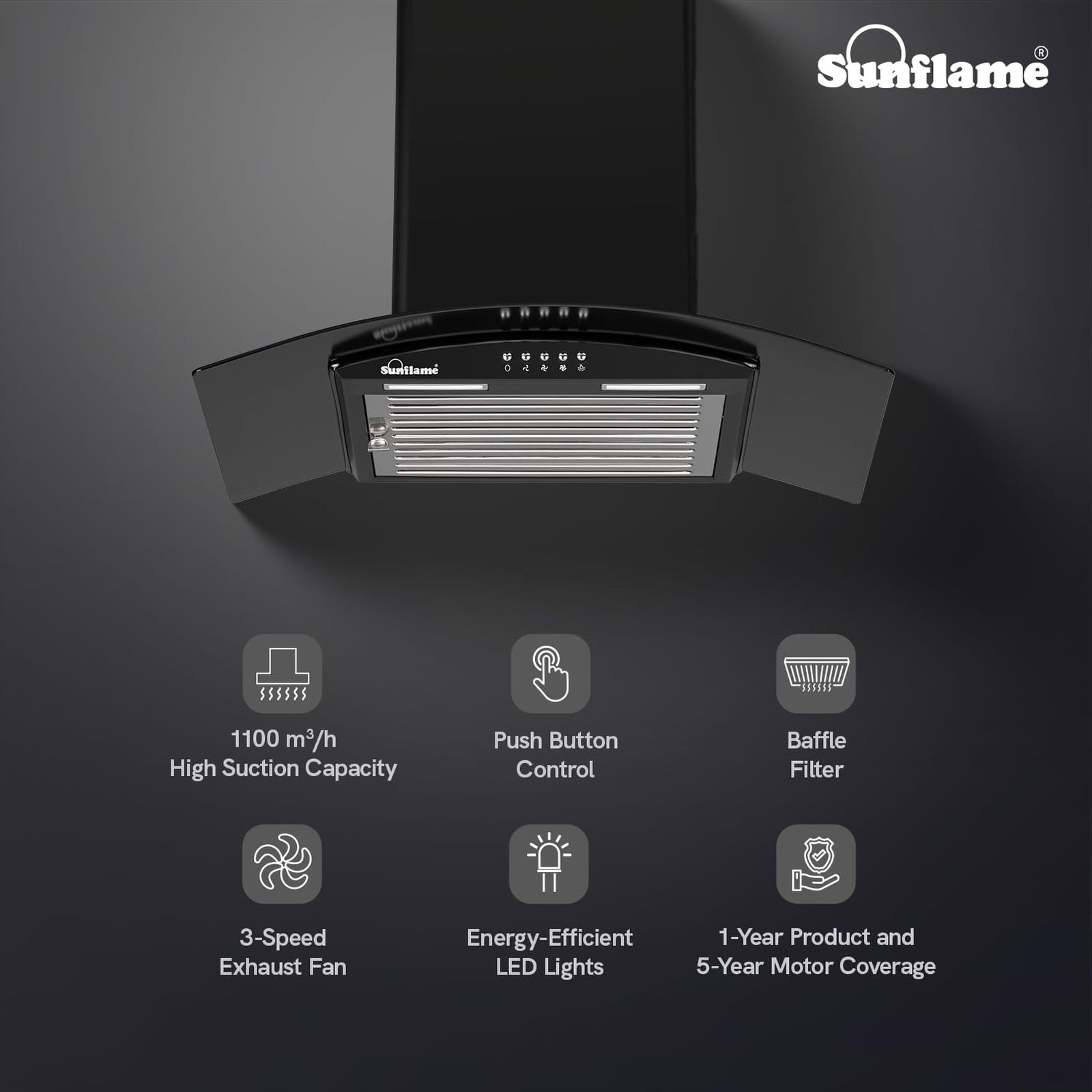 Sunflame BELLA 60 BK 60cm 1100m³/hr Ducted Wall Mounted Chimney with Baffle Filter (Black)_5