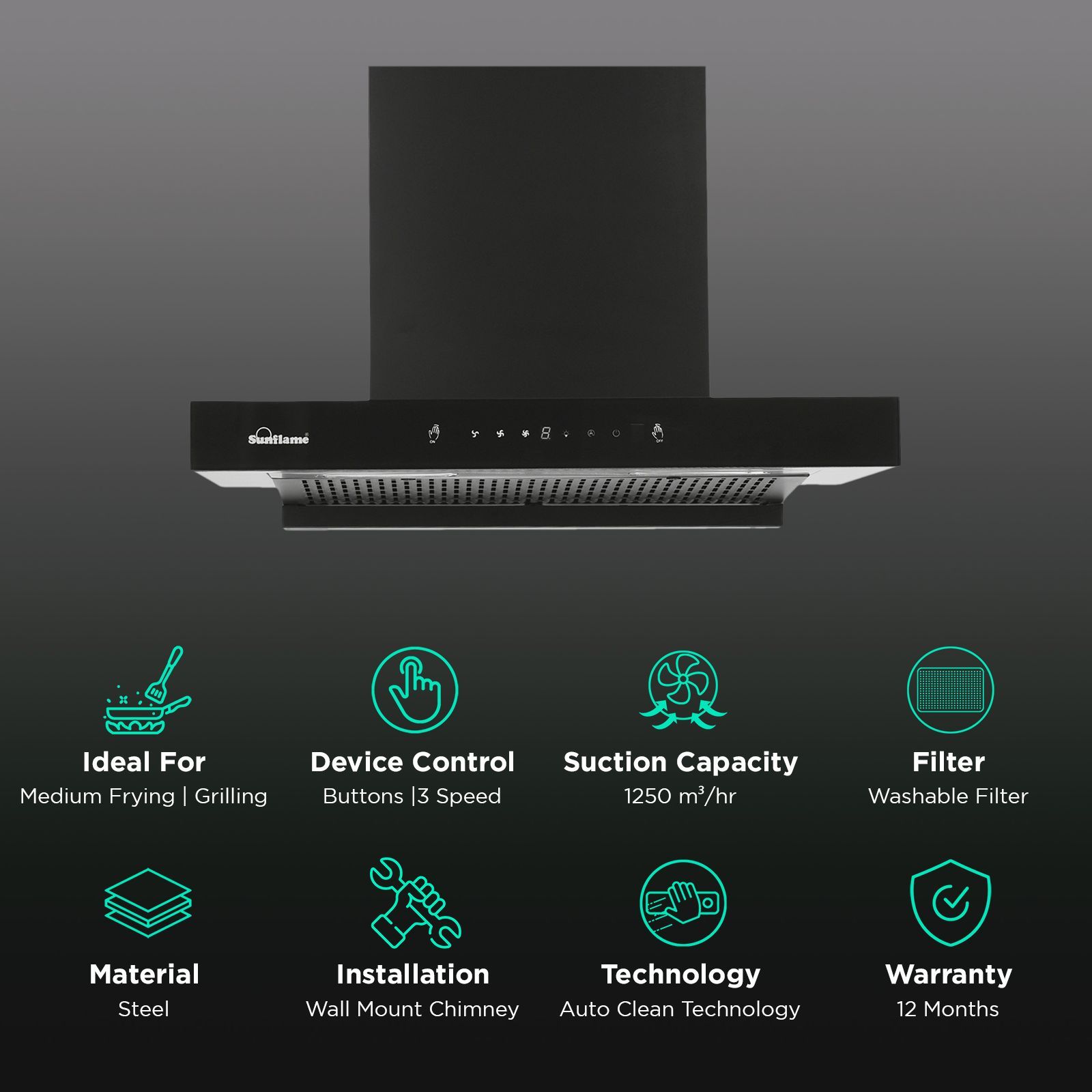 Sunflame CH.Cupo DX 60cm 1250m³/hr Ductless Auto Clean Wall Mounted Chimney with Washable Filter (Black)_3