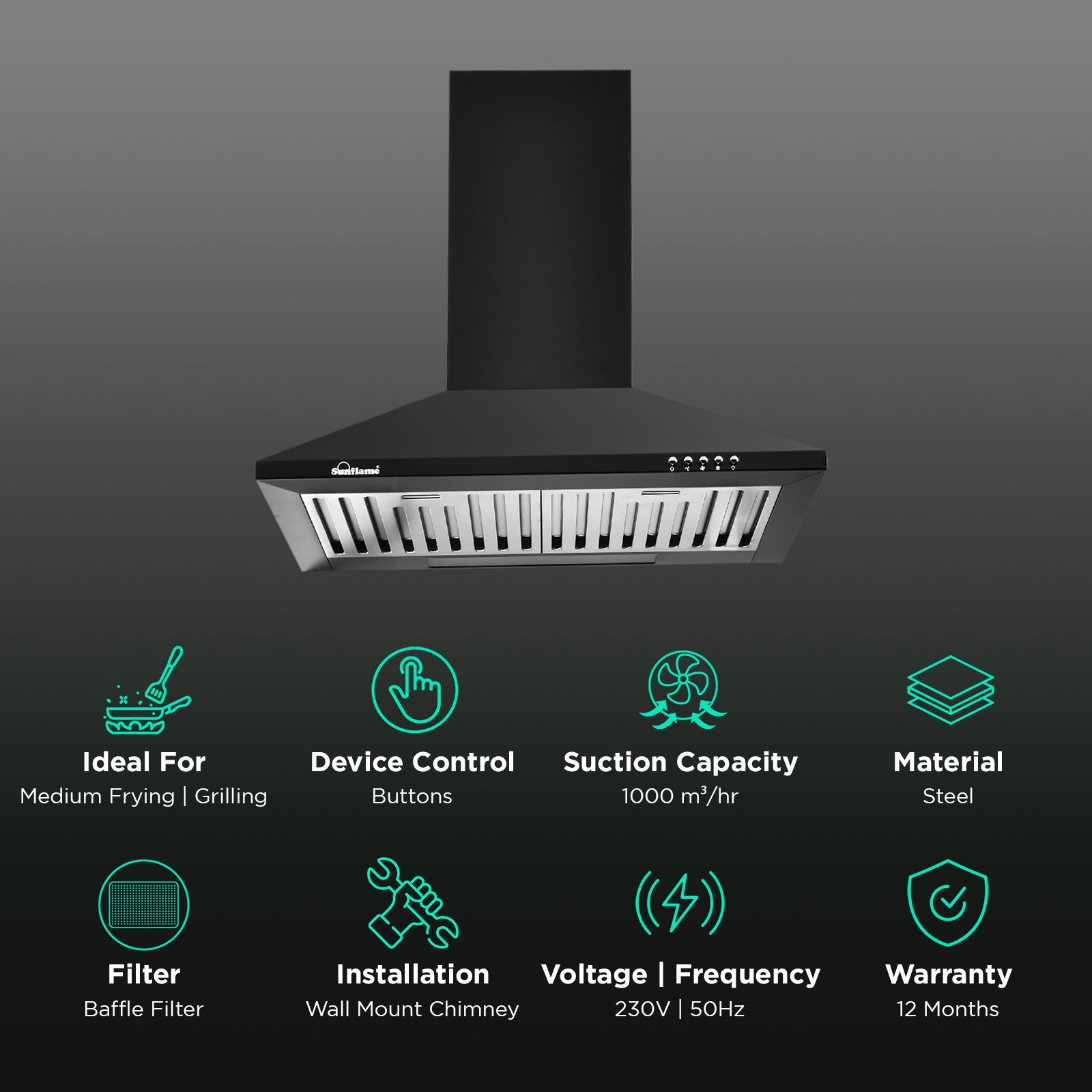Sunflame Nova 60cm 1000m3/hr Ducted Auto Clean Wall Mounted Chimney with Washable Filter (Black)_2