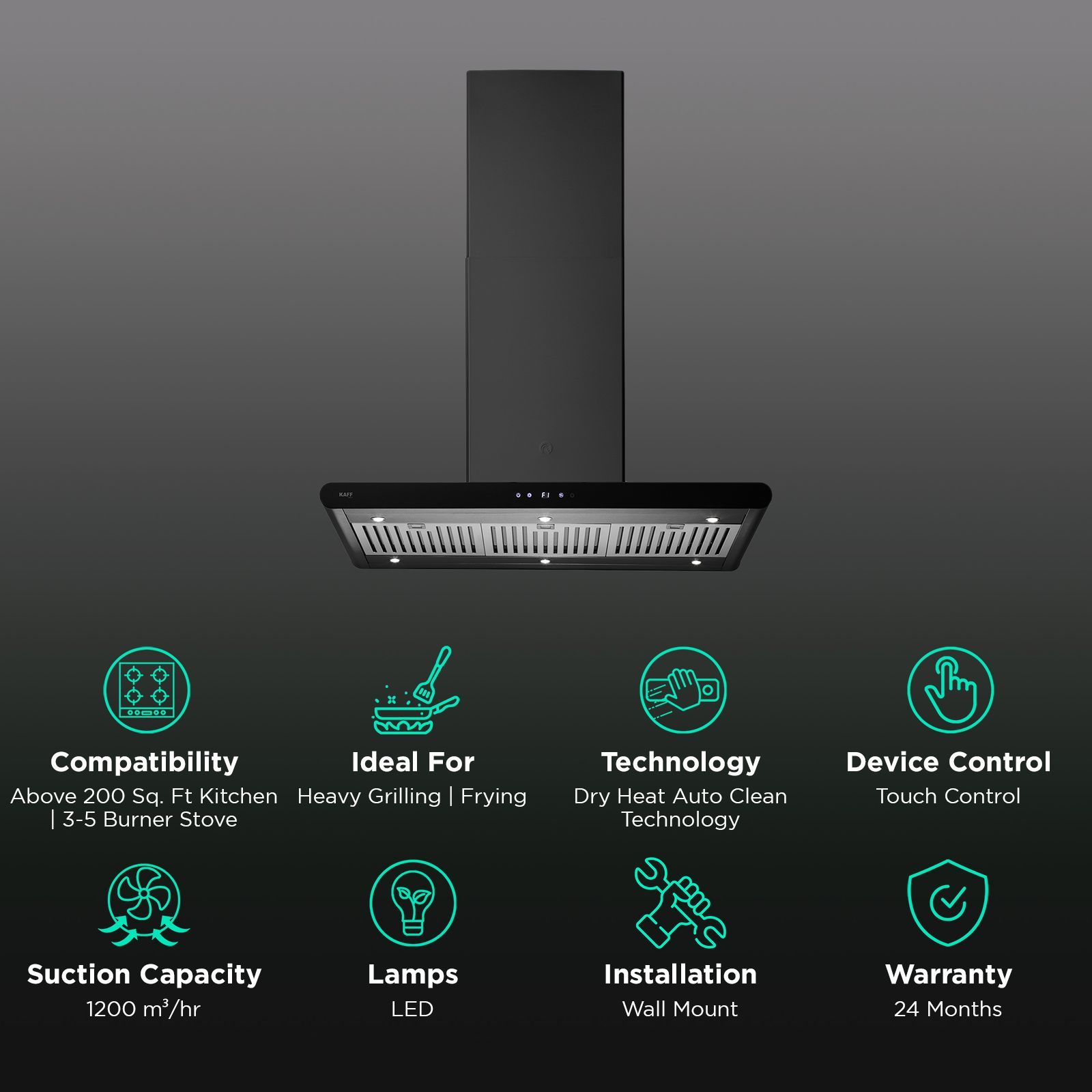 KAFF CANARY DHC BF 90 IS 90cm 1200m³/hr Ductless Wall Mounted Chimney with Baffle Filter (Black)_3