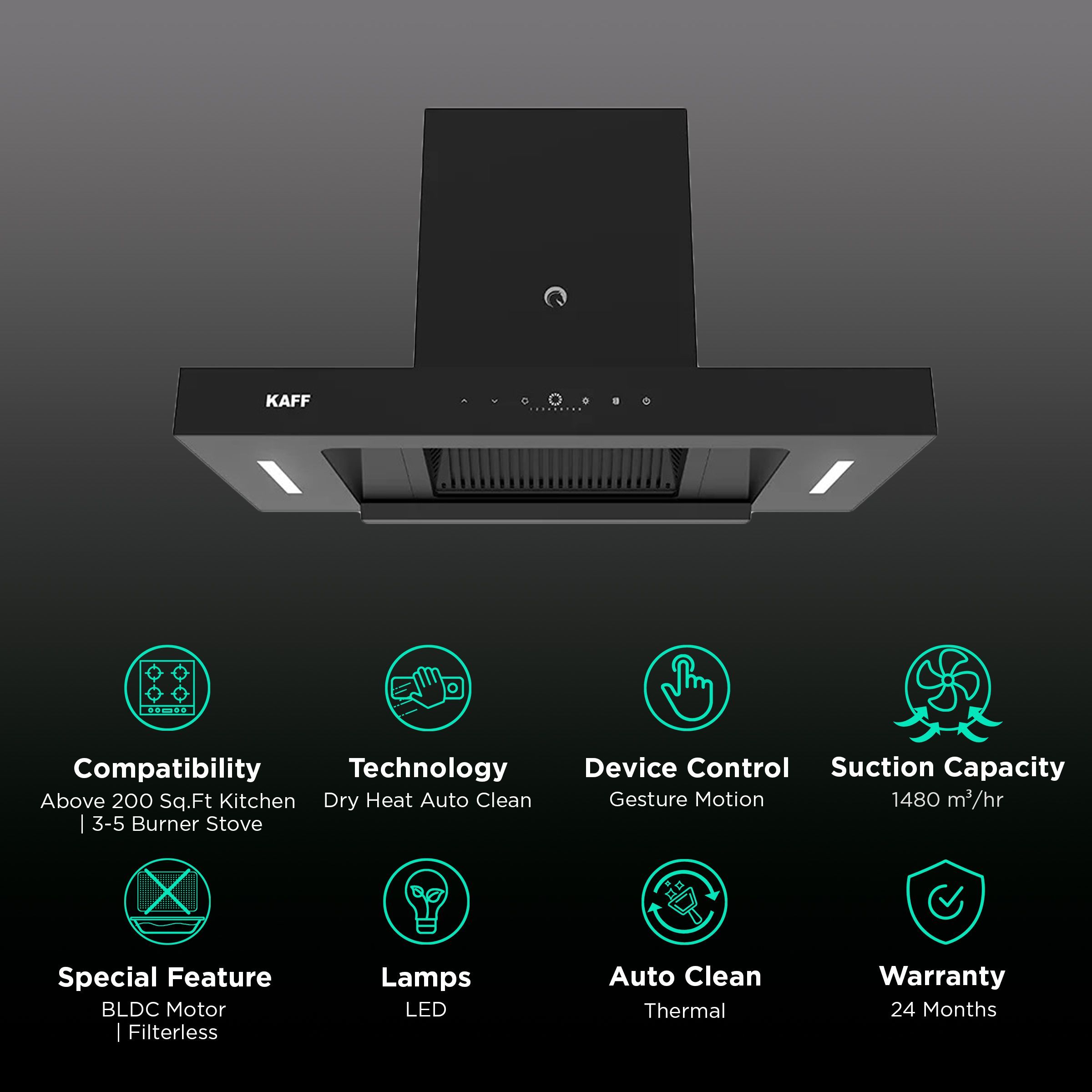 KAFF CASTO 75 DC 75cm 1480m³/hr Ductless Auto Clean Wall Mounted Chimney with BLDC Motor (Black)_3