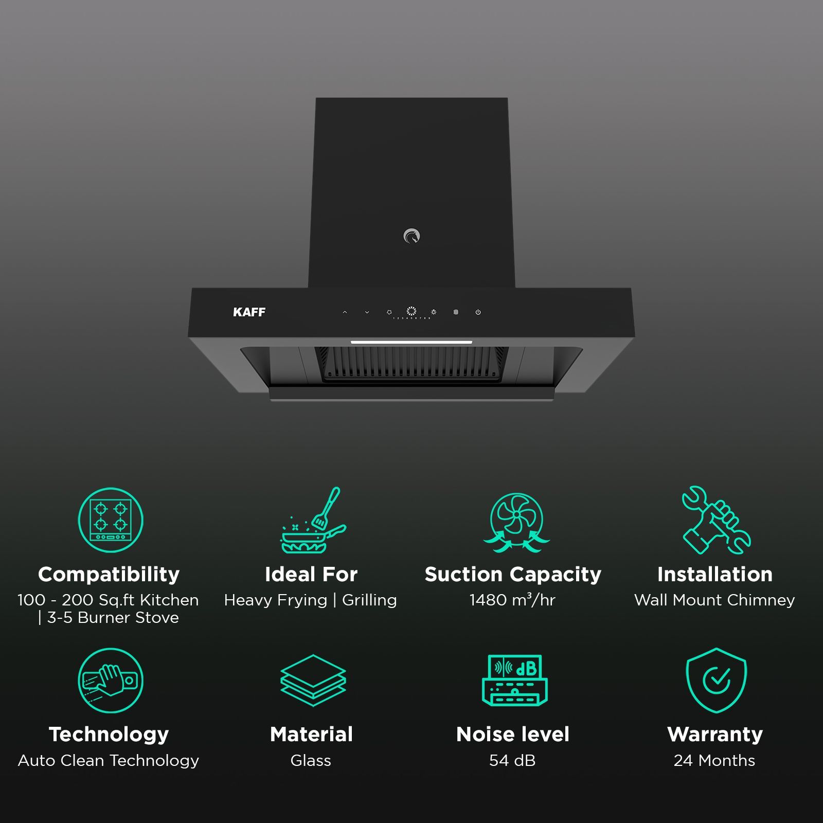 KAFF CASTO 60 DC  60cm 1480m³/hr Ducted Auto Clean Wall Mounted Chimney with BLDC motor (Black)_3