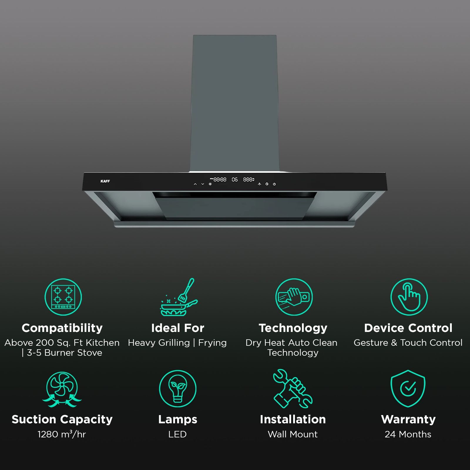 KAFF MISSONI 90 90cm 1280m³/hr Ducted Auto Clean Wall Mounted Chimney with Parametric Suction Technology (Black)_3