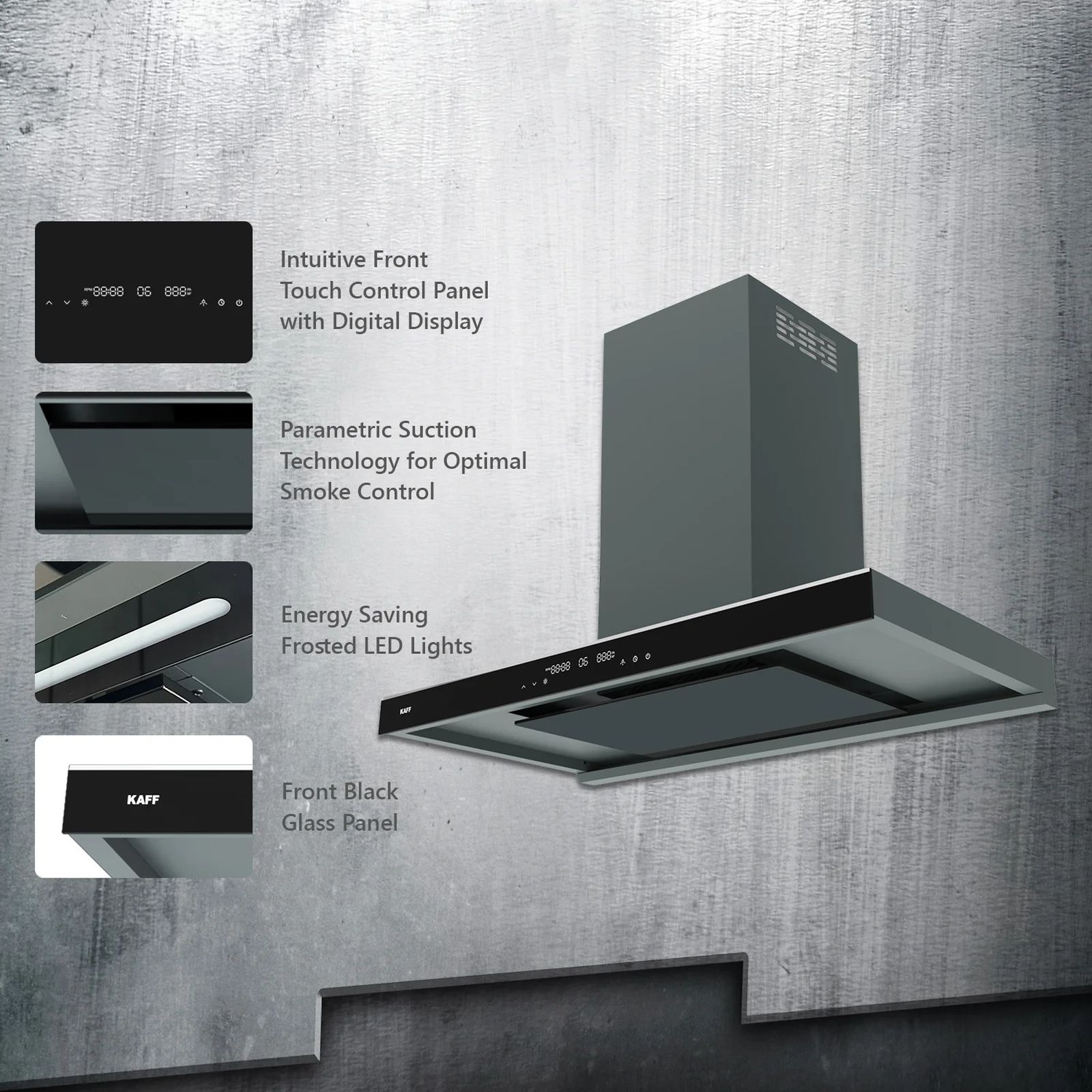 KAFF MISSONI 90 90cm 1280m³/hr Ducted Auto Clean Wall Mounted Chimney with Parametric Suction Technology (Black)_5