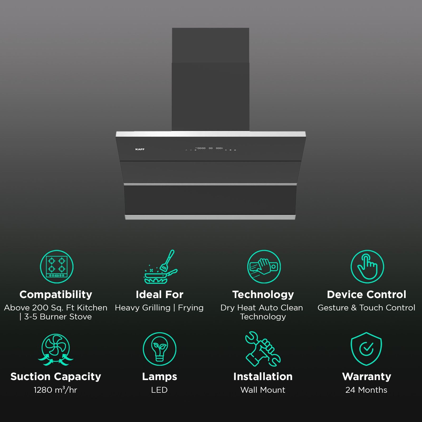 KAFF FALCON DX 90 90cm 1280m³/hr Ducted Auto Clean Wall Mounted Chimney with BLDC Motor (Black)_3