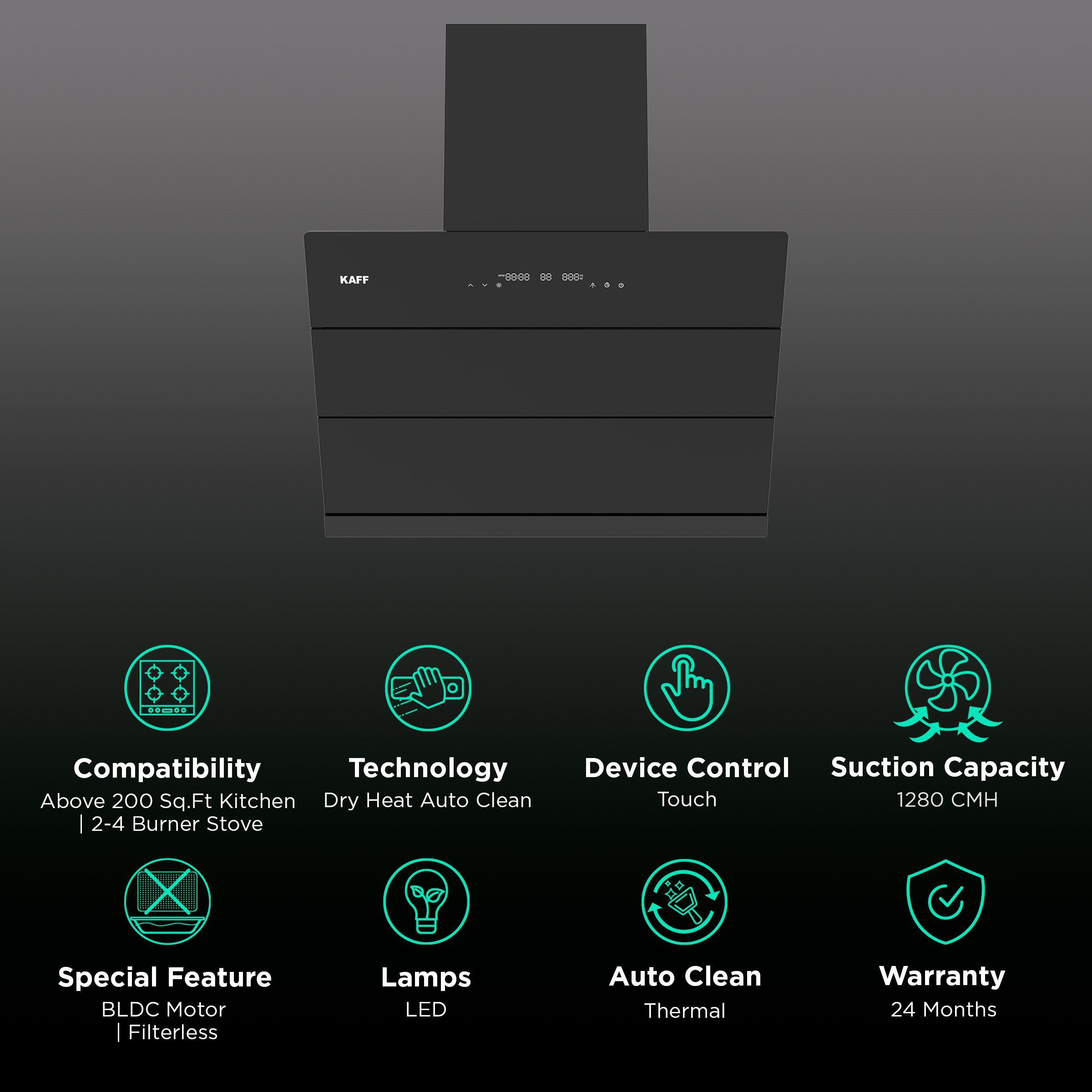 KAFF ALBURY60DC 60cm 1280m³/hr Ducted Auto Clean Wall Mounted Chimney with BLDC Motor (Black)_3