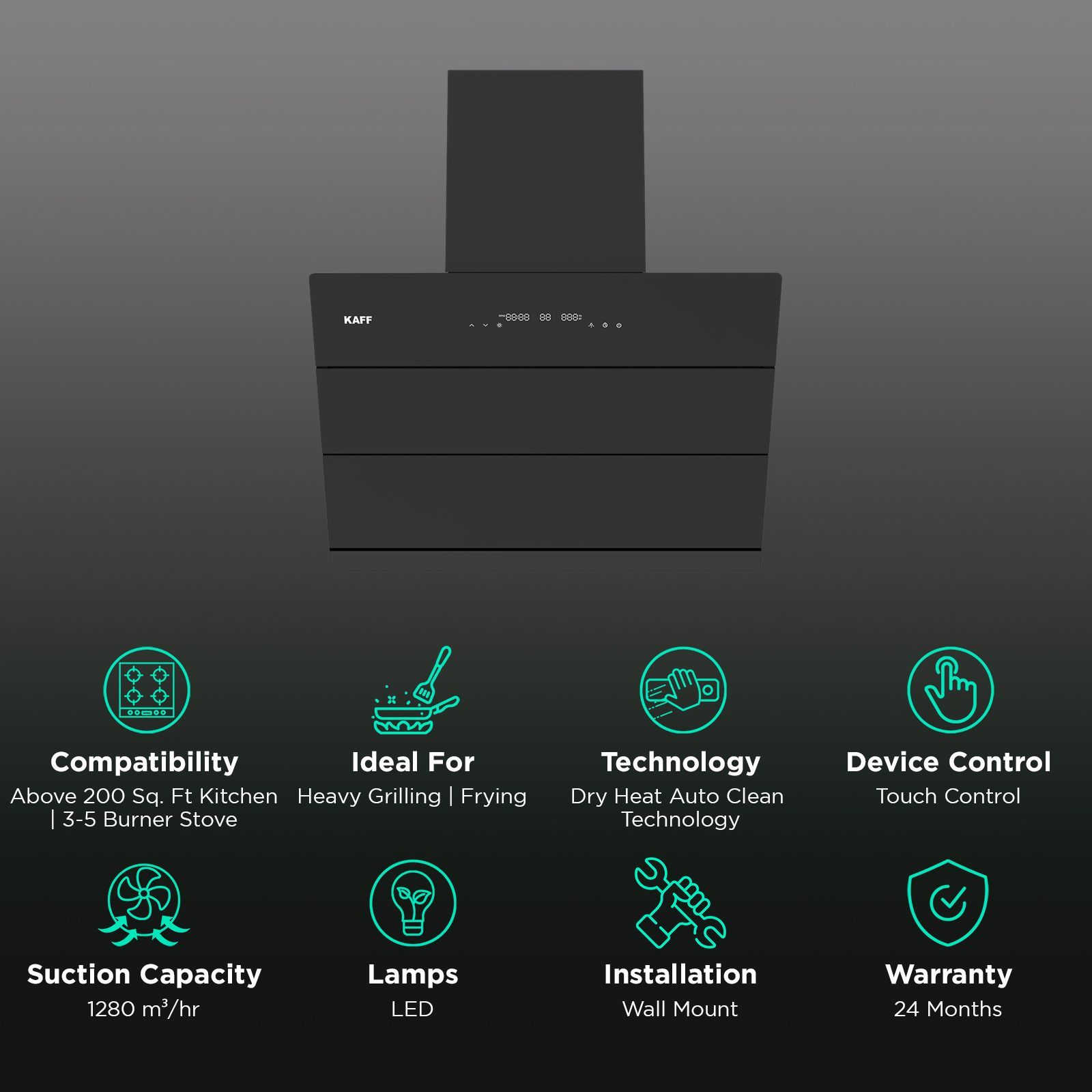 KAFF ALBURY75DC 75cm 1280m³/hr Ducted Auto Clean Wall Mounted Chimney with BLDC Motor (Black)_3