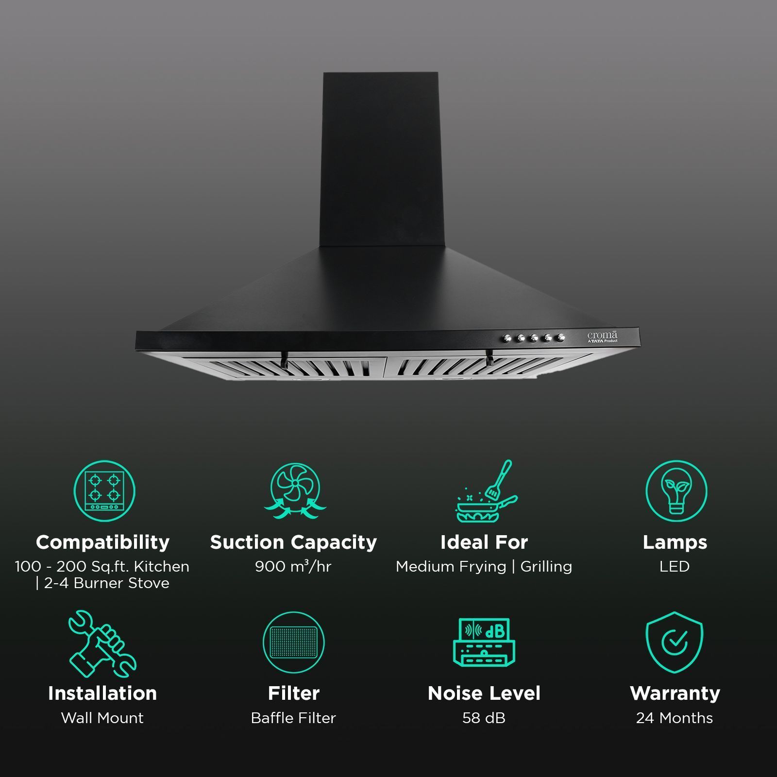 Croma AG1108 60cm 900m3/hr Ducted Wall Mounted Chimney with Push Button Control (Black) Croma AG1108 60cm 900m3/hr Ducted Wall Mounted Chimney with Push Button Control (Black)_2