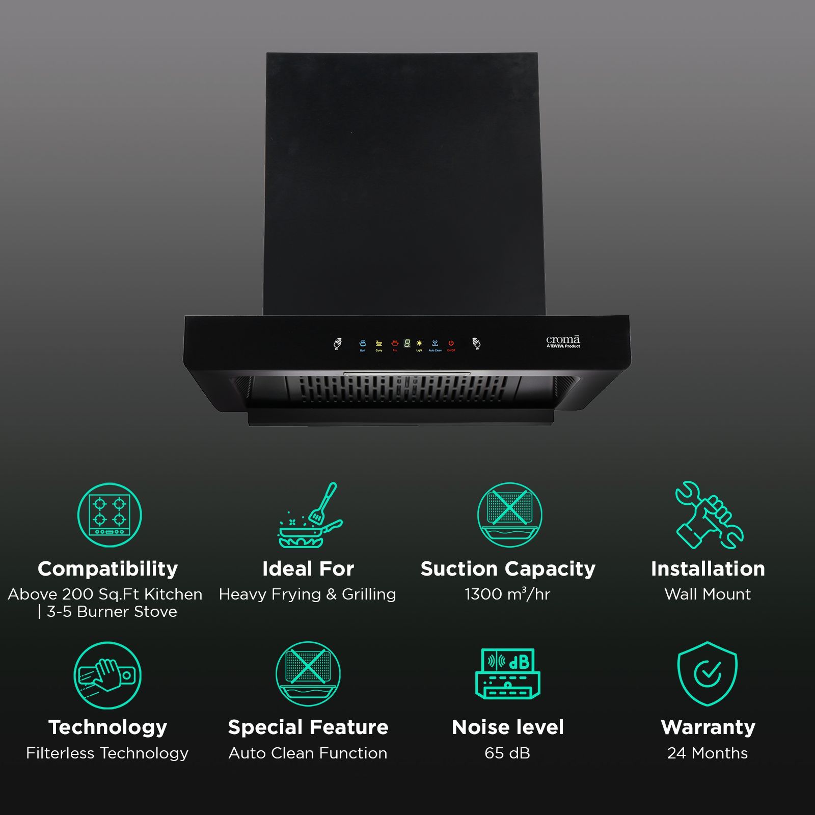 Croma AG1111 60cm 1300m³/hr Ducted Auto Clean Wall Mounted Chimney with Motion Sensor Control (Black)_3