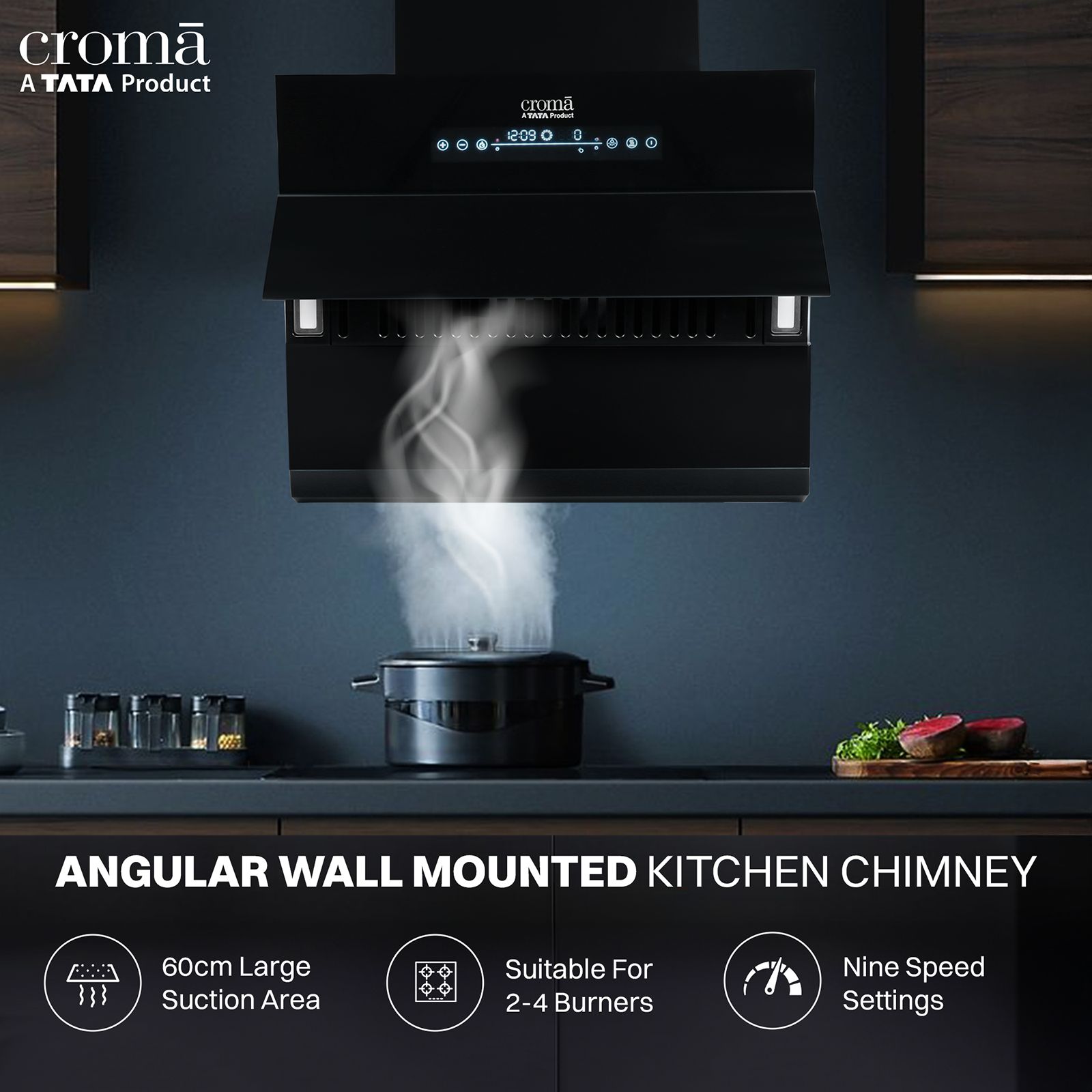 Croma AG1113 60cm 1300m³/hr Ducted Auto Clean Wall Mounted Chimney with Motion Sensor Control (Black)_12