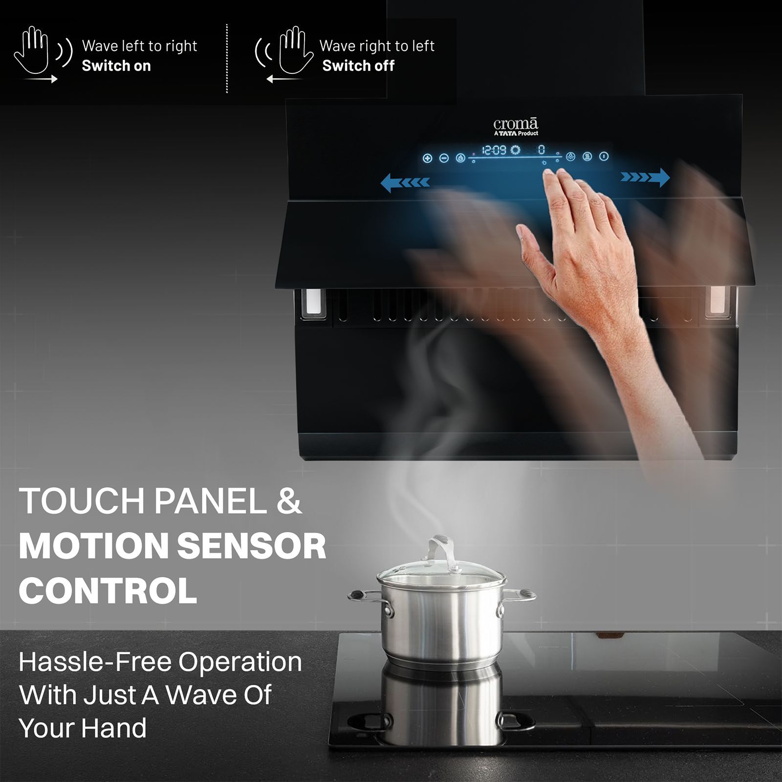 Croma AG1113 60cm 1300m³/hr Ducted Auto Clean Wall Mounted Chimney with Motion Sensor Control (Black)_16