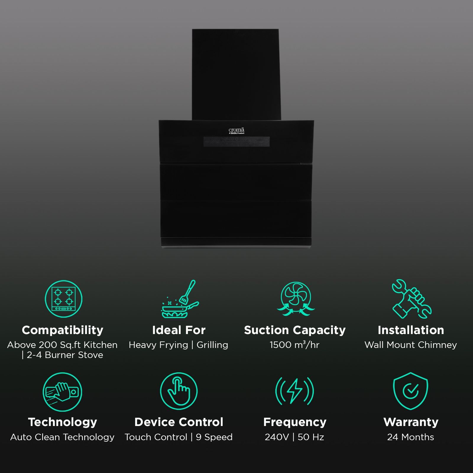 Croma AG1113 60cm 1300m³/hr Ducted Auto Clean Wall Mounted Chimney with Motion Sensor Control (Black)_3