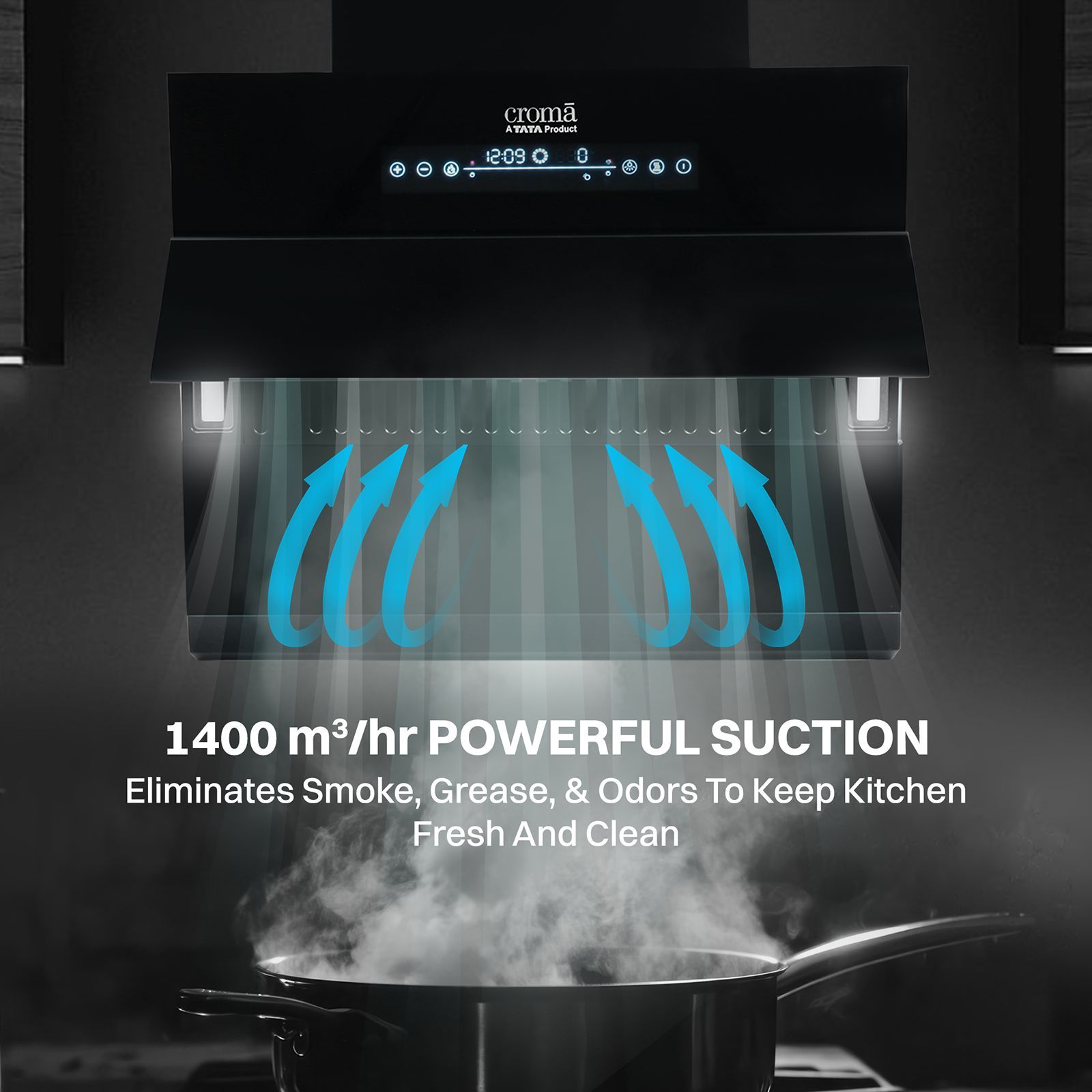 Croma AG1114 90cm 1400m3/hr Ducted Auto Clean Wall Mounted Chimney with Motion Sensor Control (Black)_12