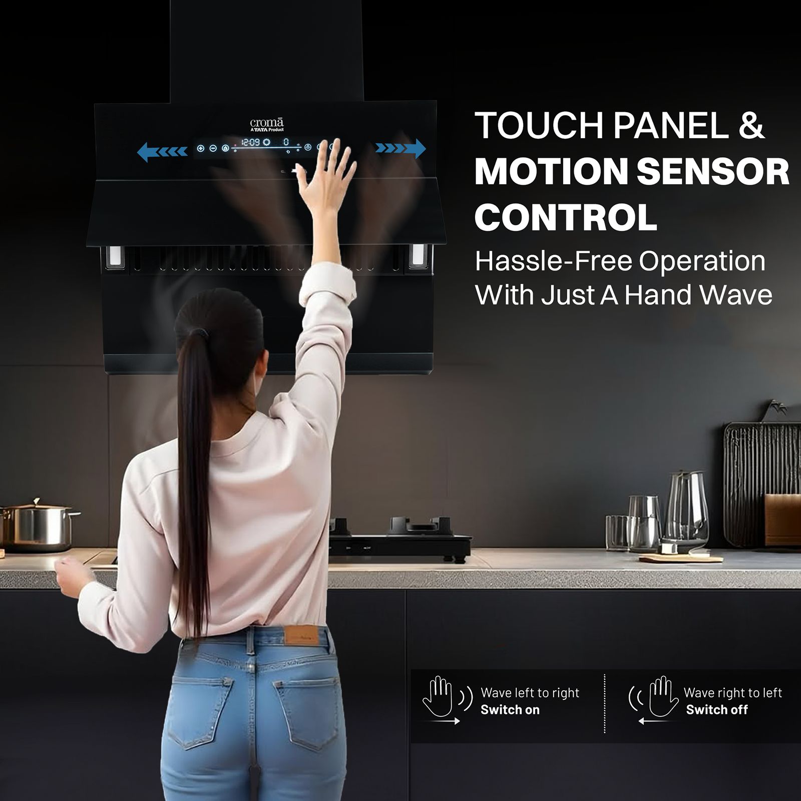 Croma AG1114 90cm 1400m3/hr Ducted Auto Clean Wall Mounted Chimney with Motion Sensor Control (Black)_14