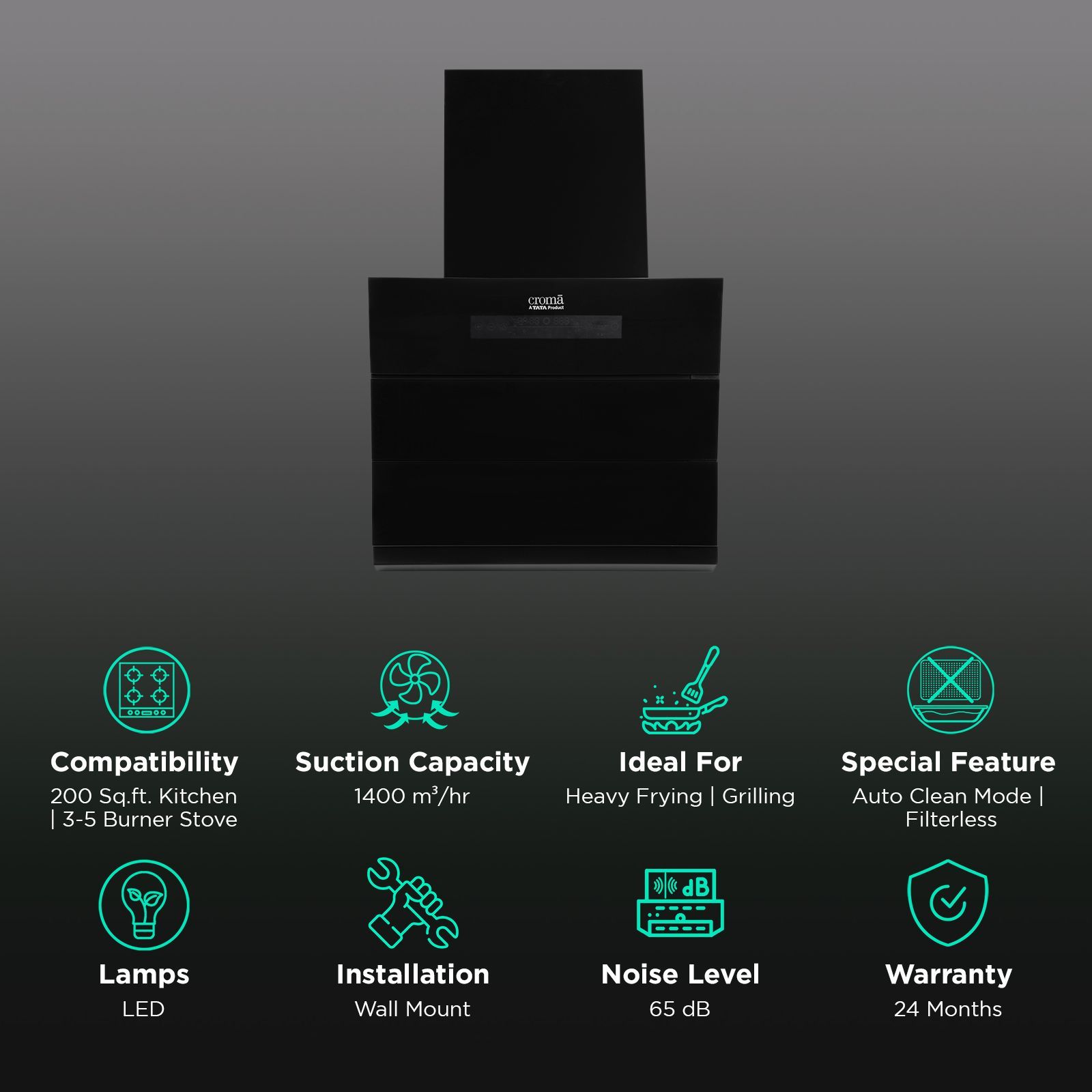 Croma AG1114 90cm 1400m3/hr Ducted Auto Clean Wall Mounted Chimney with Motion Sensor Control (Black)_2