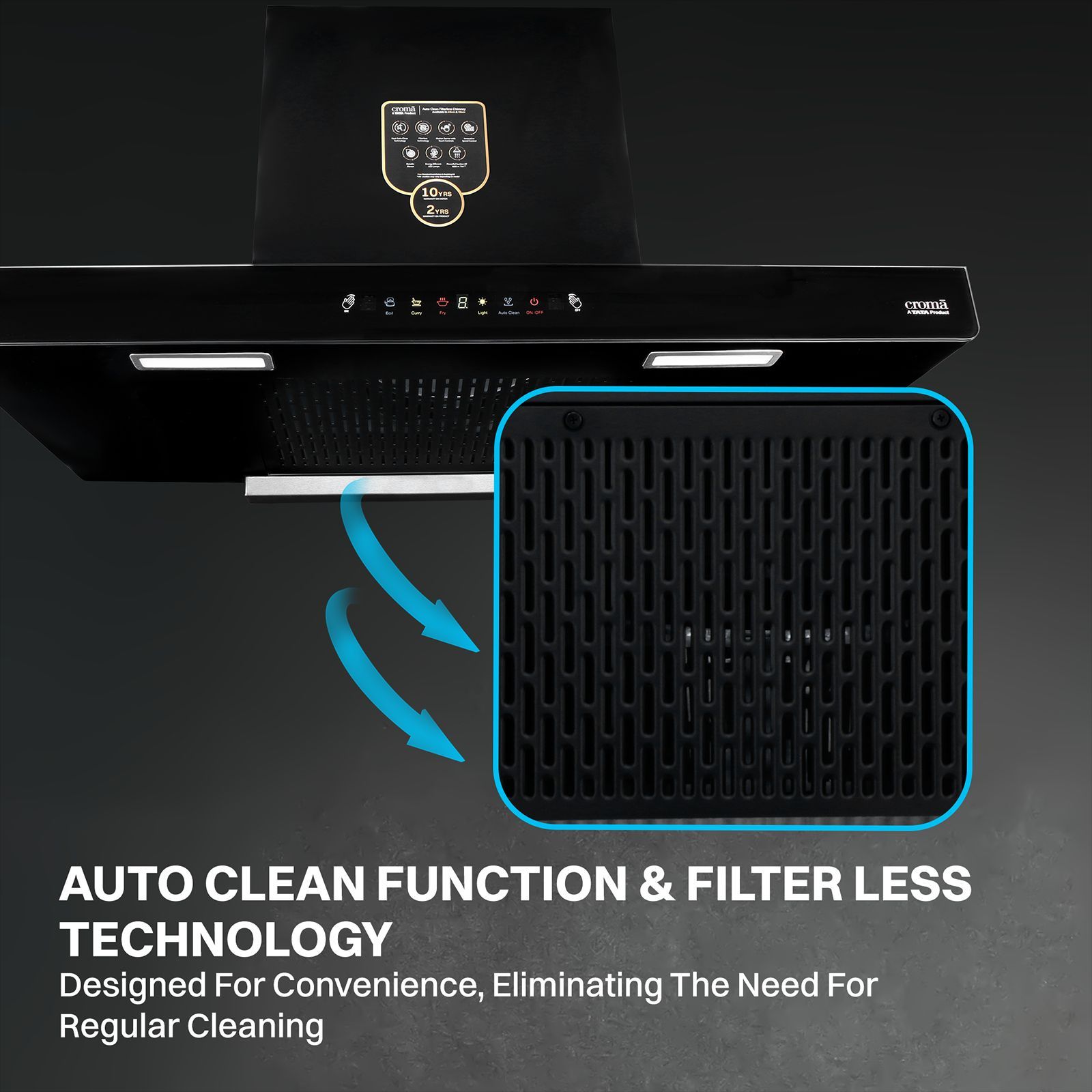 Croma AG1112 90cm 1500m³/hr Auto Clean Wall Mounted Chimney with Touch Control (Black)_6