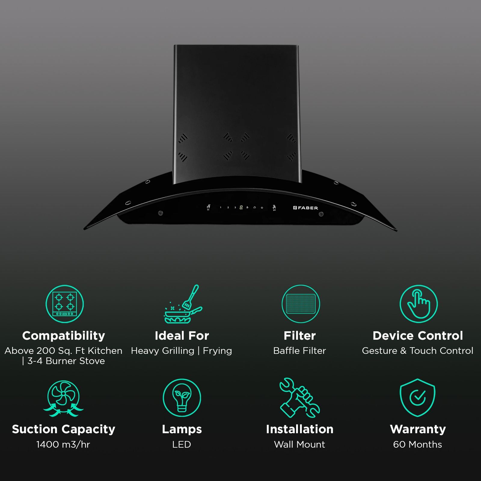 FABER ELLORA 3D IN HC SC BF BK 75 75cm 1400m³/hr Ducted Auto Clean Wall Mounted Chimney with Odor Sensing Technology (Black)_3