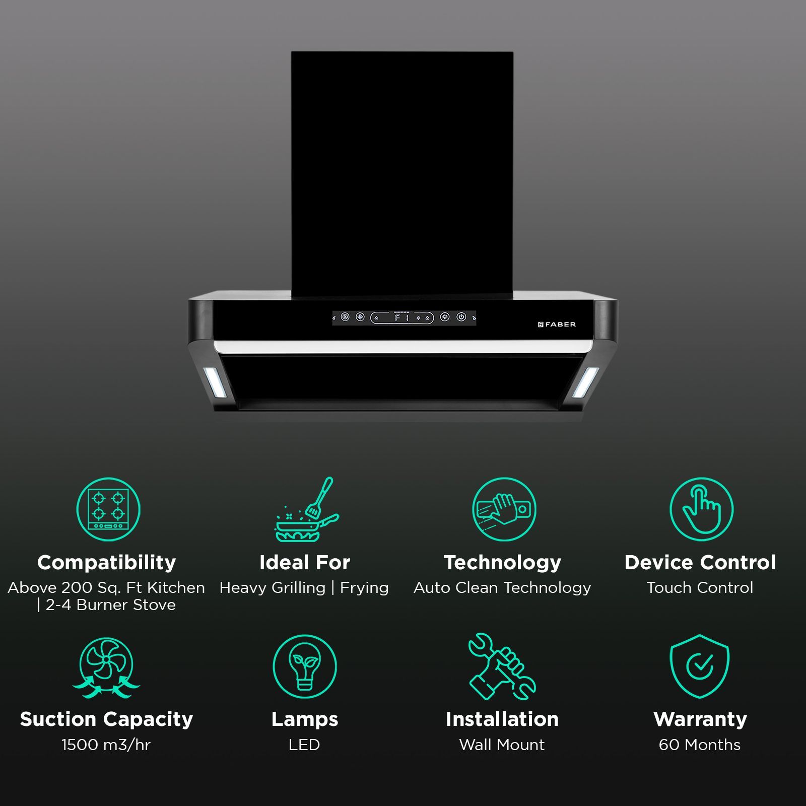 FABER PINNACLE FL HC BK 60 60cm 1500m³/hr Ductless Auto Clean Wall Mounted Chimney with Touch and Gesture Control (Black)_3