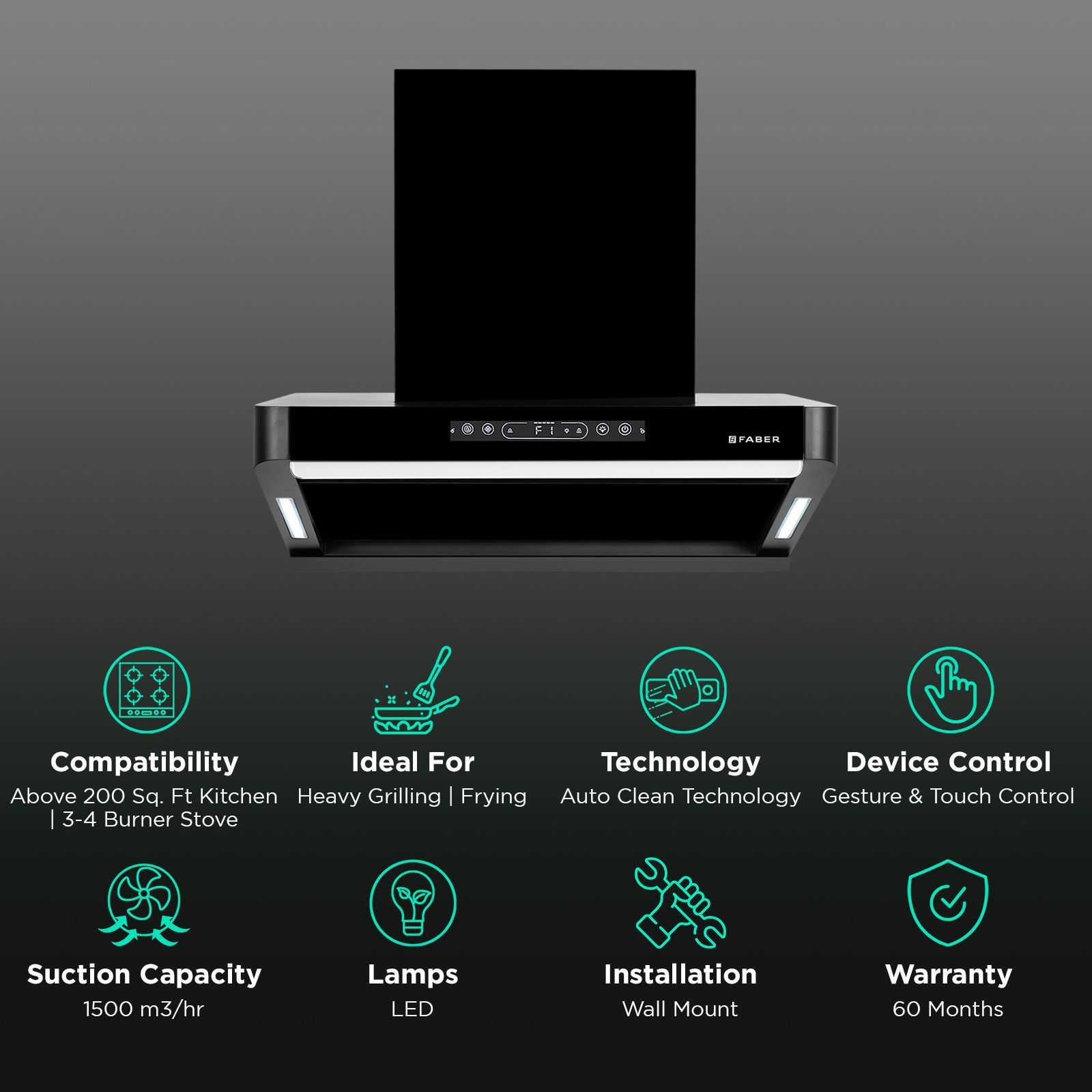 FABER PINNACLE FL HC BK 75 75cm 1500m³/hr Ductless Auto Clean Wall Mounted Chimney with Touch and Gesture Control (Black)_3