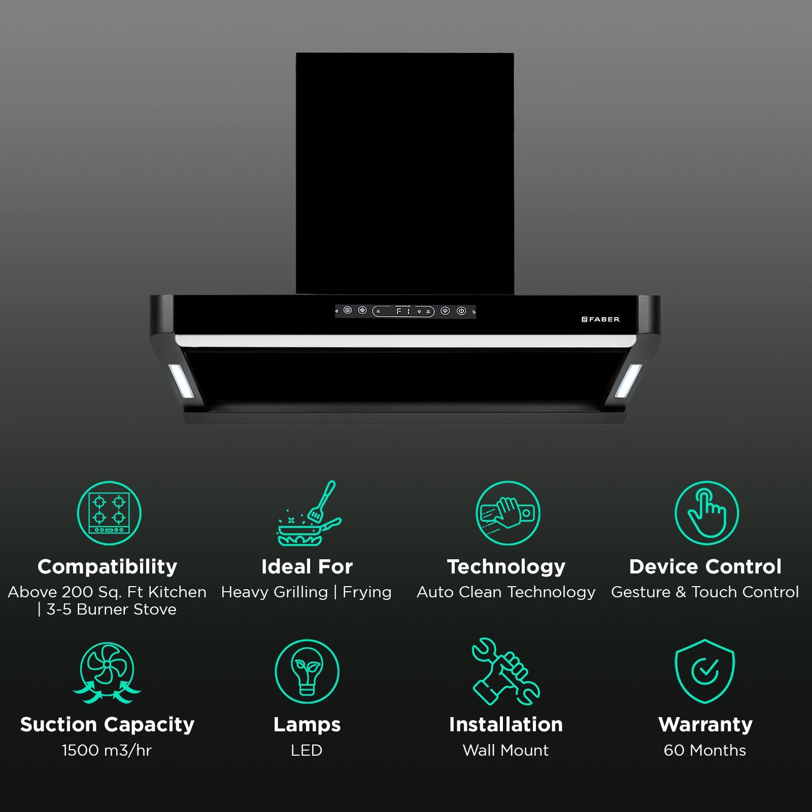 FABER PINNACLE FL HC BK 90 90cm 1500m³/hr Ductless Auto Clean Wall Mounted Chimney with Touch and Gesture Control (Black)_3