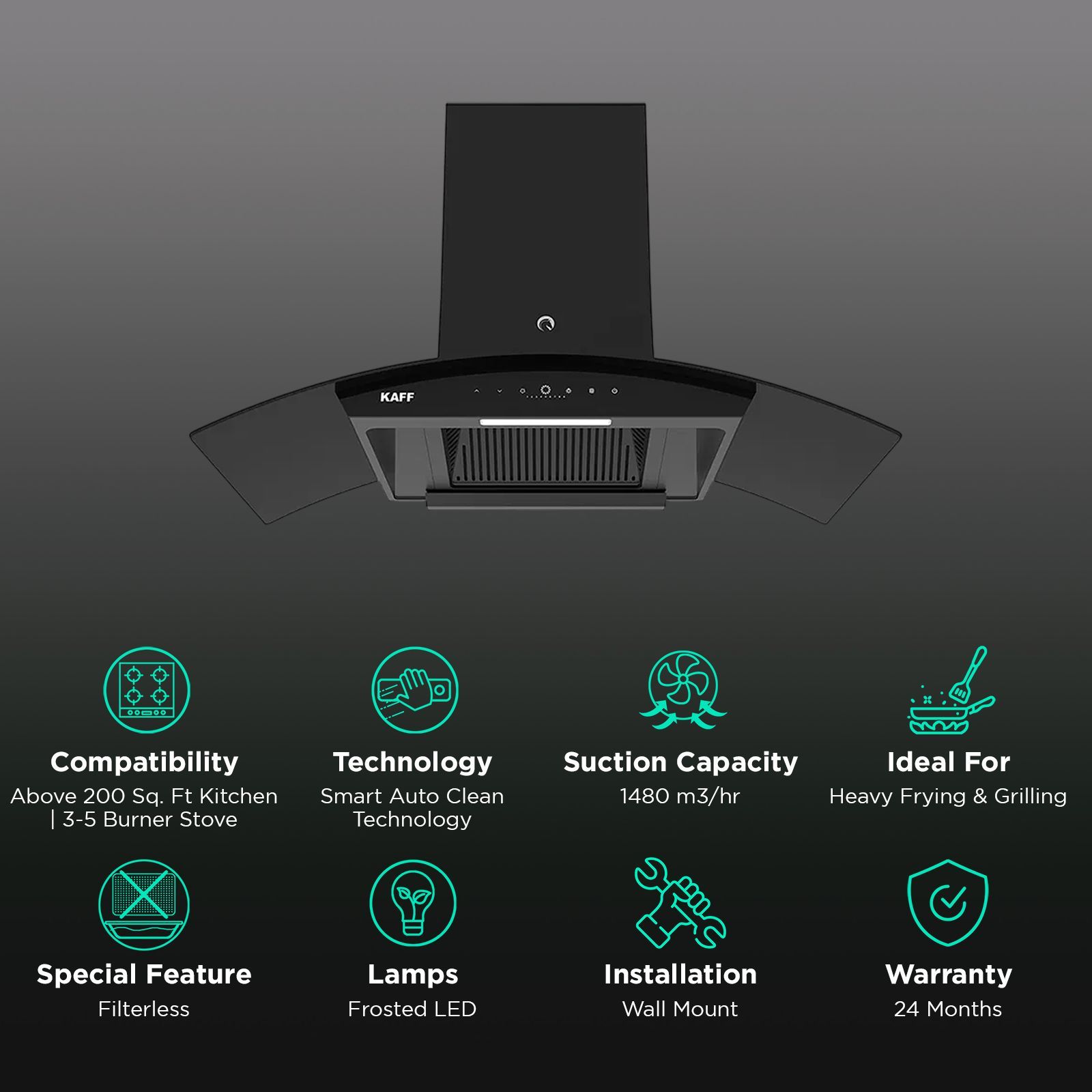 KAFF VASCO DC 90cm 1480m3/hr Ductless Auto Clean Wall Mounted Chimney with Gesture Control (Black)_3