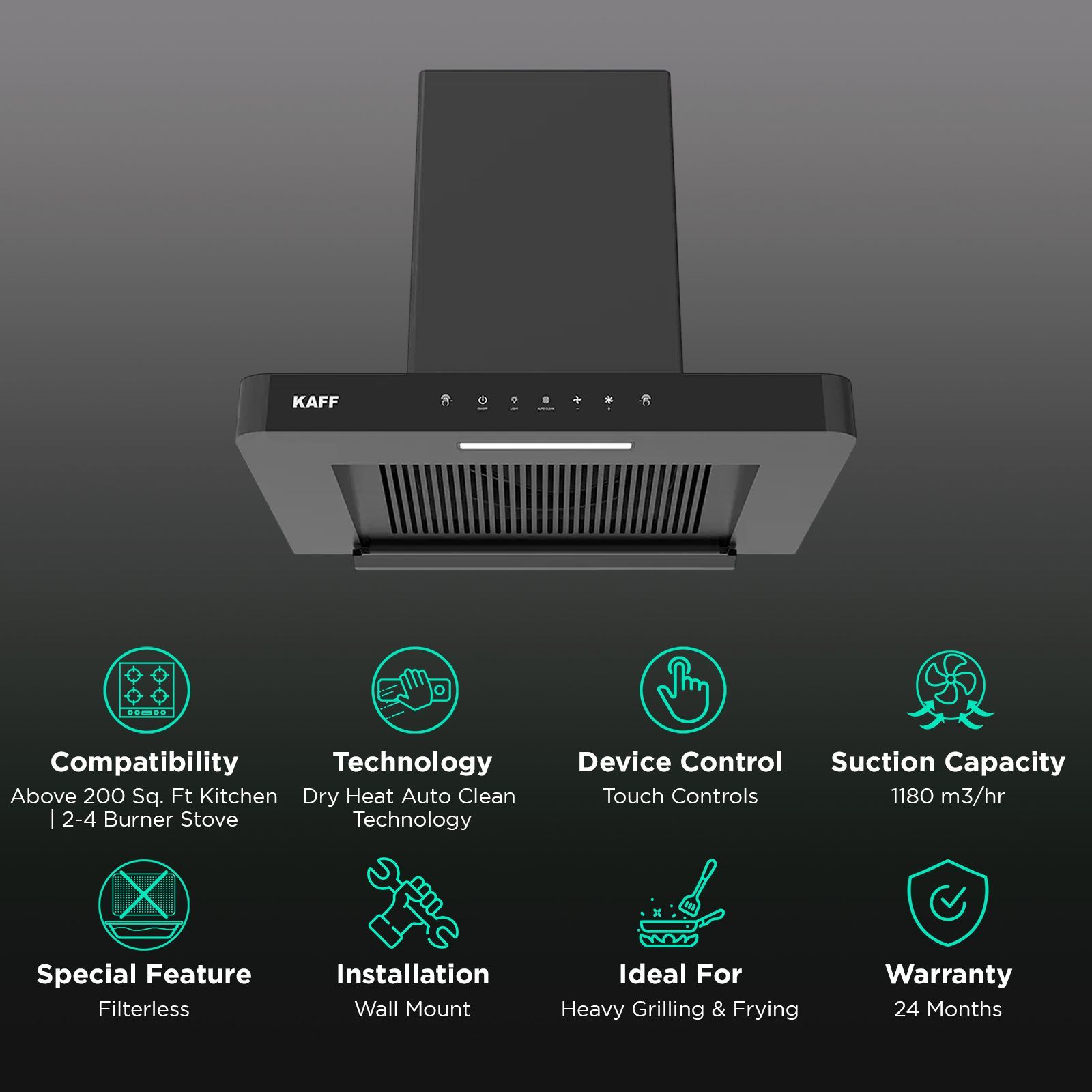 KAFF R-PRO 60cm 1180m3/hr Ductless Auto Clean Wall Mounted Chimney with Gesture Control (Black)_3