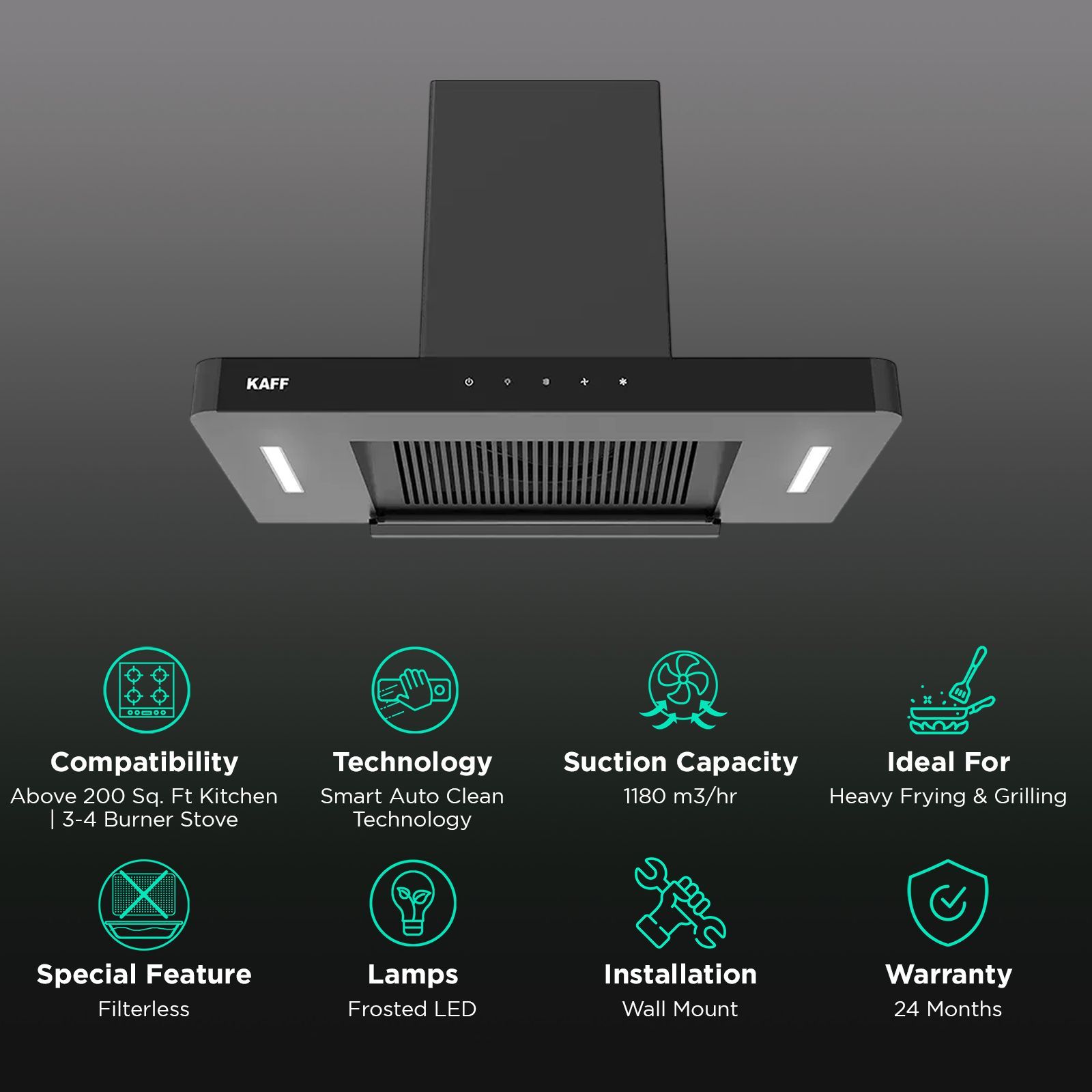 KAFF R-PRO 75cm 1180m3/hr Ductless Auto Clean Wall Mounted Chimney with Gesture Control (Black)_3