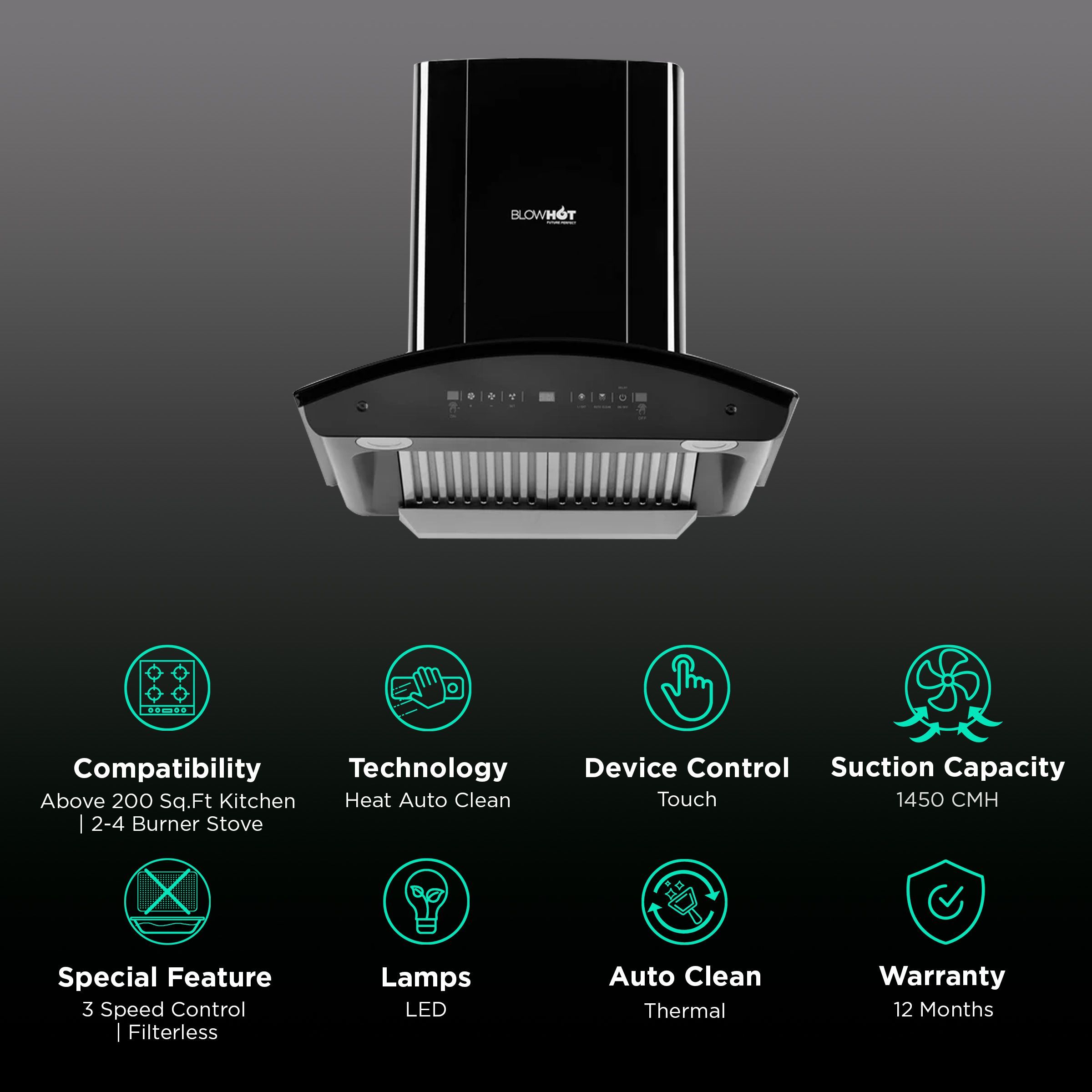 BLOWHOT ERICA TAC MS PLUS 60cm 1450m3/hr Ductless Auto Clean Wall Mounted Chimney with Motion Sensor (Black)_3