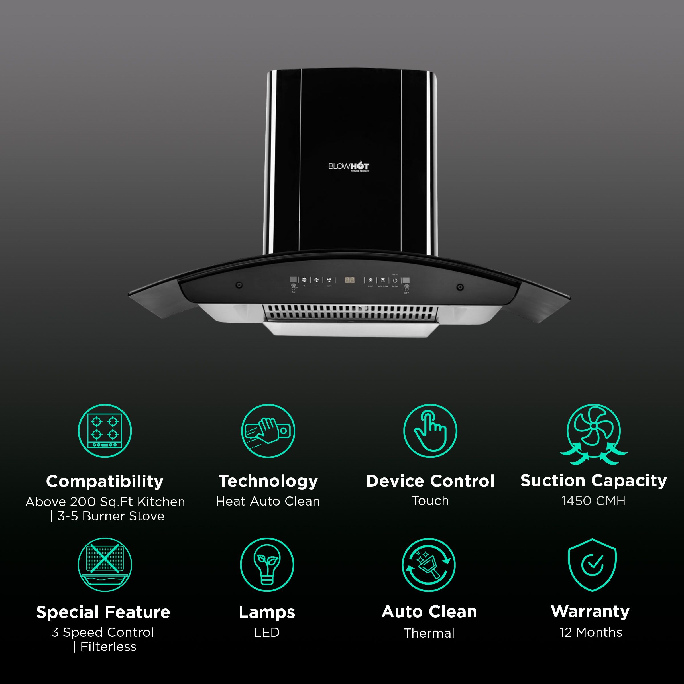 BLOWHOT ERICA TAC MS PLUS 90cm 1450m³/hr Ductless Auto Clean Wall Mounted Chimney with Motion Sensor (Black)_3