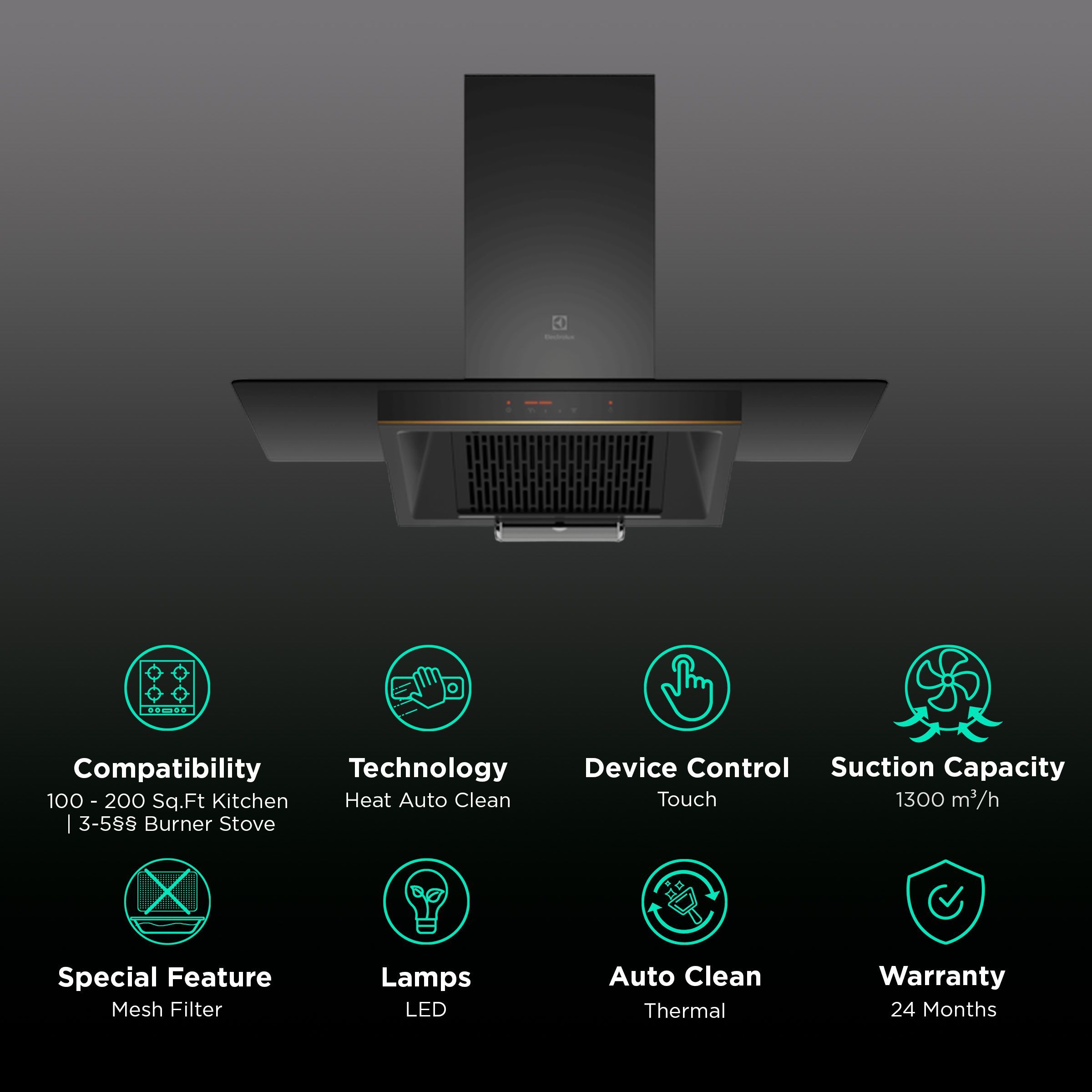 Electrolux UltimateTaste 500 90cm 1300m³/hr Ducted Auto Clean Wall Mounted Chimney with Auto Thermal Safety Switch (Black)_3