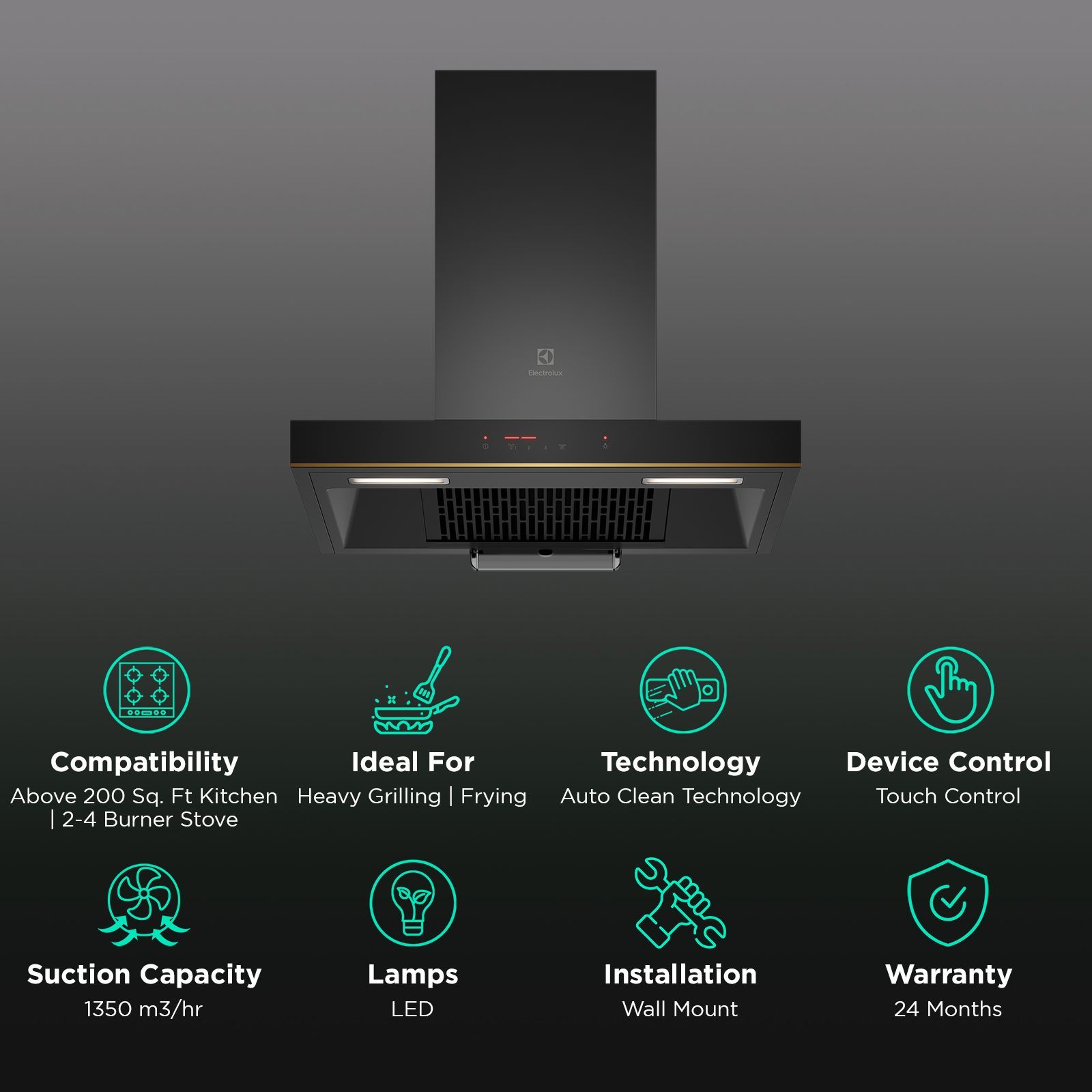 Electrolux UltimateTaste 500 60cm 1350m³/hr Ducted Auto Clean Wall Mounted Chimney with Centrifugal Motor (Black) Electrolux UltimateTaste 500 60cm 1350m³/hr Ducted Auto Clean Wall Mounted Chimney with Centrifugal Motor (Black)_3