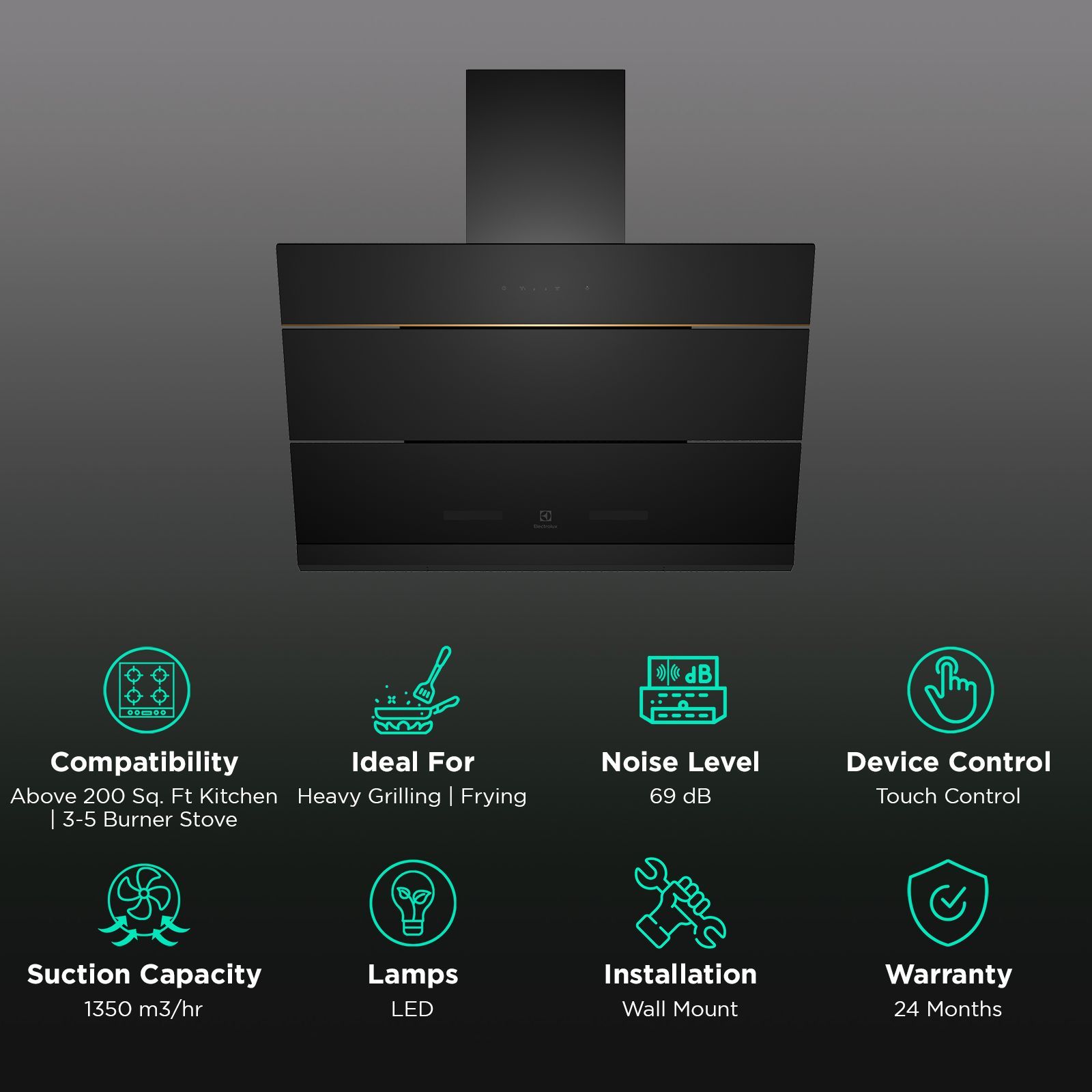 Electrolux UltimateTaste 500 90cm 1350m³/hr Ducted Auto Clean Wall Mounted Chimney with Centrifugal Motor (Black) Electrolux UltimateTaste 500 90cm 1350m³/hr Ducted Auto Clean Wall Mounted Chimney with Centrifugal Motor (Black)_3