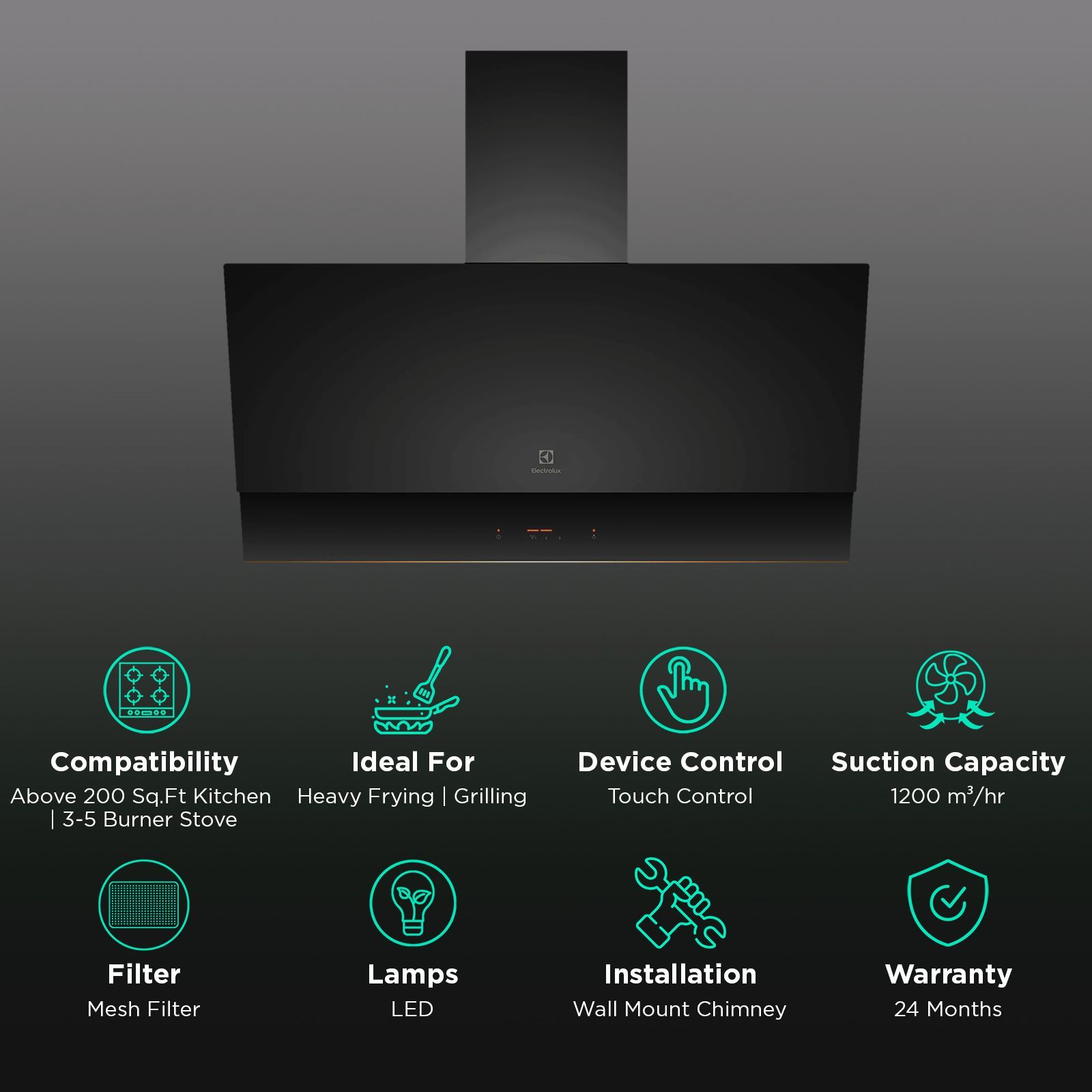 Electrolux UltimateTaste 500 90cm 1200m³/hr Ducted Wall Mounted Chimney with Touch Control Panel (Black)_3