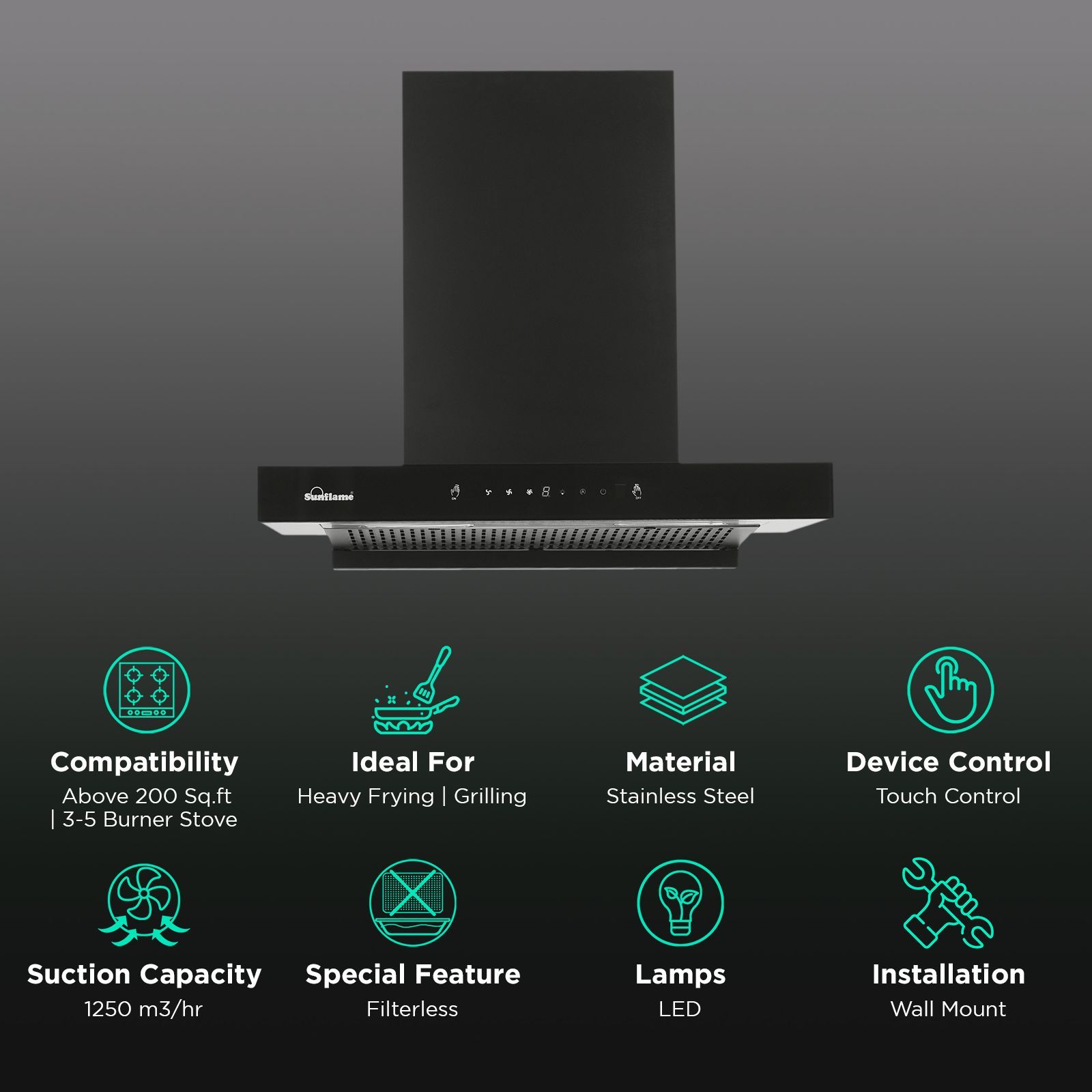 Sunflame Cupo 90cm 1250m³/hr Ducted Auto Clean Wall Mounted Chimney with Motion Sensor (Black)_3