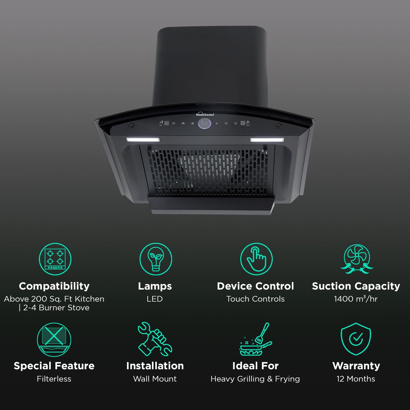 Sunflame CH SERENO 60cm 1400m³/hr Ductless Auto Clean Wall Mounted Chimney with Feather Touch Controls (Black)_3